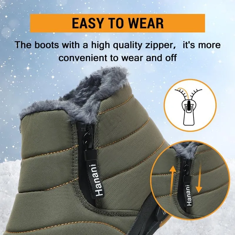 Hanani Mens Snow Boots Waterproof Winter Boots for Men Fur Lined Warm Ankle Boots Zipper Closure Slip on Outdoor Boot Comfortable Walking Shoes