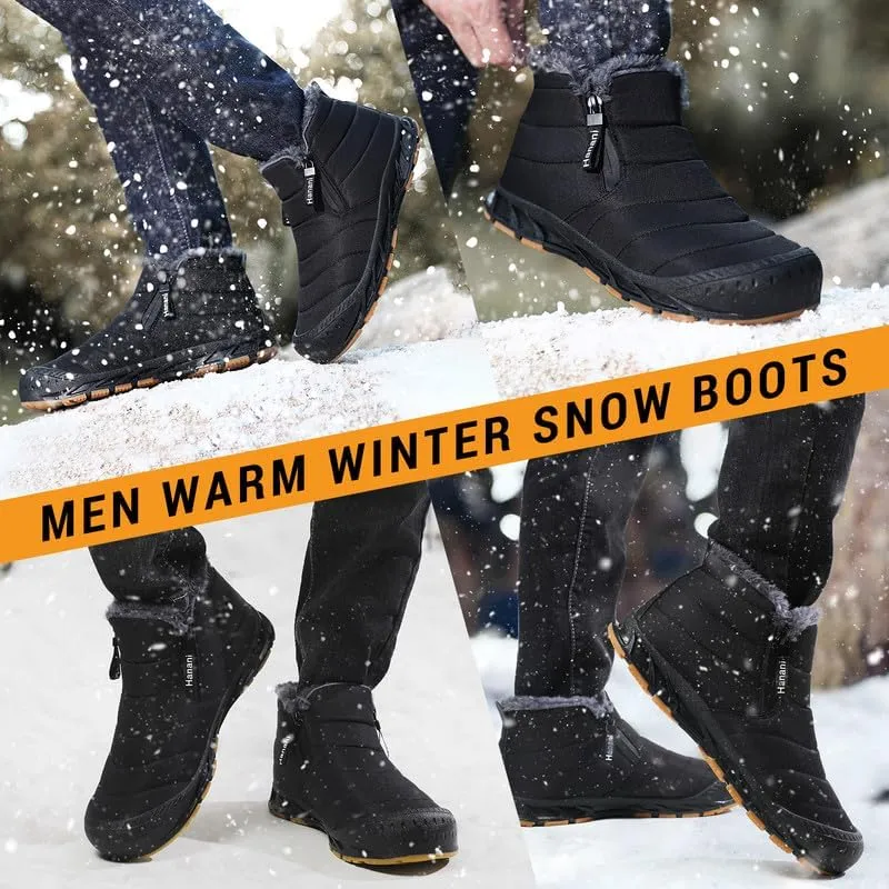Hanani Mens Snow Boots Waterproof Winter Boots for Men Fur Lined Warm Ankle Boots Zipper Closure Slip on Outdoor Boot Comfortable Walking Shoes