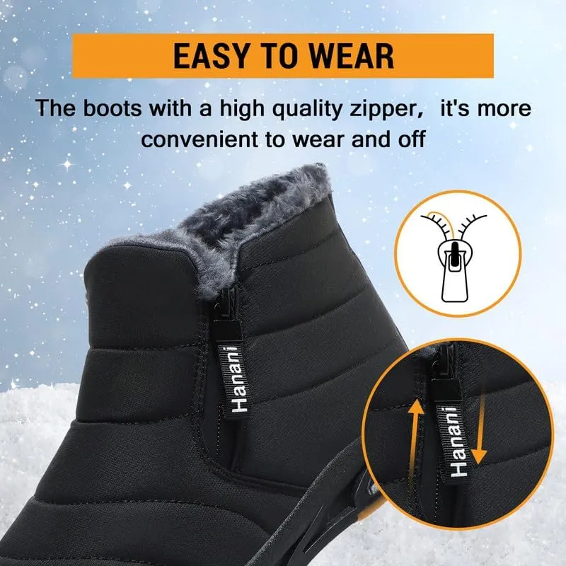 Hanani Mens Snow Boots Waterproof Winter Boots for Men Fur Lined Warm Ankle Boots Zipper Closure Slip on Outdoor Boot Comfortable Walking Shoes