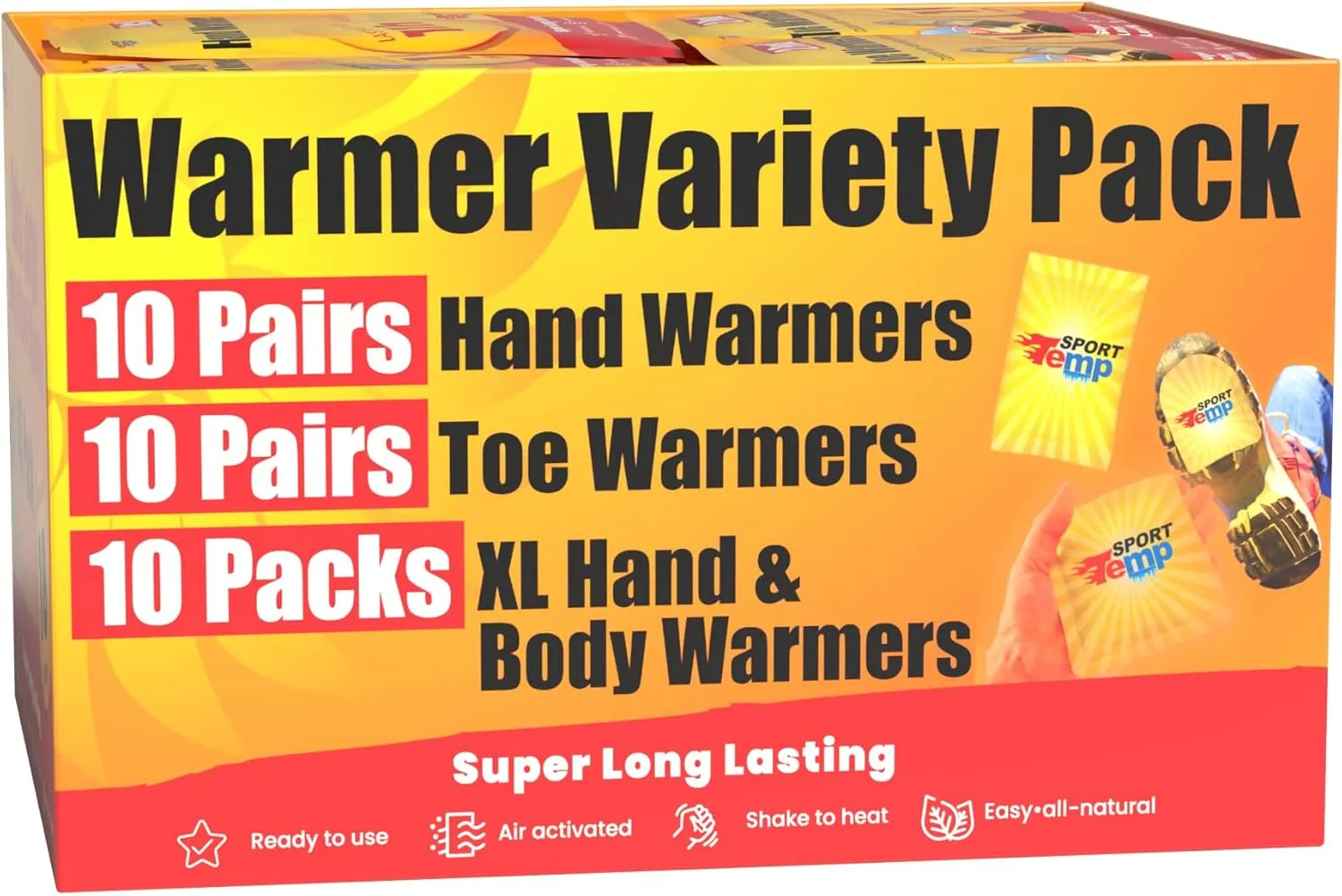 Hand, Toe, & XL Body and Hand Warmers - Variety Pack, 10 Pairs Hand Warmers, 10 Pairs Toe Warmers with Adhesive, 10 XL Hand & Body Warmers - Air Activated - Odorless Hot Hand - Sport Temp