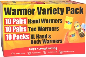 Hand, Toe, & XL Body and Hand Warmers - Variety Pack, 10 Pairs Hand Warmers, 10 Pairs Toe Warmers with Adhesive, 10 XL Hand & Body Warmers - Air Activated - Odorless Hot Hand - Sport Temp