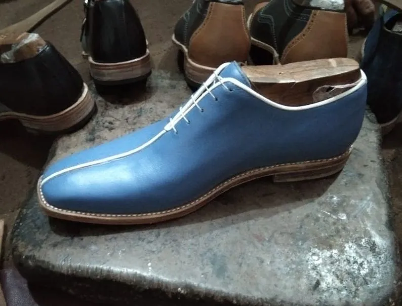 Handmade Blue Leather Oxfords for Men - Formal Dress Shoes