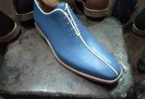 Handmade Blue Leather Oxfords for Men - Formal Dress Shoes