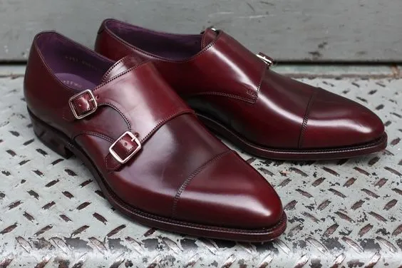 Handmade Burgundy Double Buckle Dress Shoes for Men
