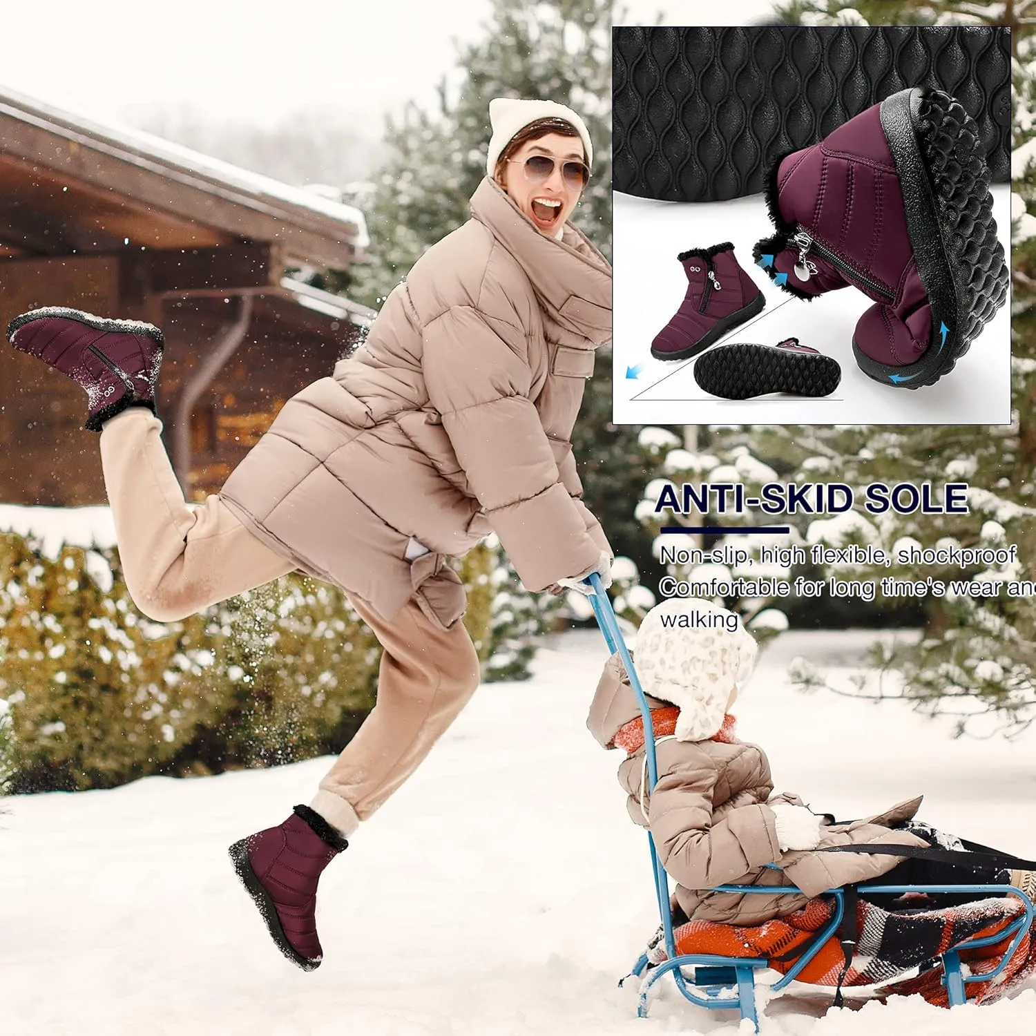 HARENCE Snow Boots for Women Winter Boot with Comfortable Warm Fur Lined Ankle Booties Outdoor Slip On Waterproof Short Boots