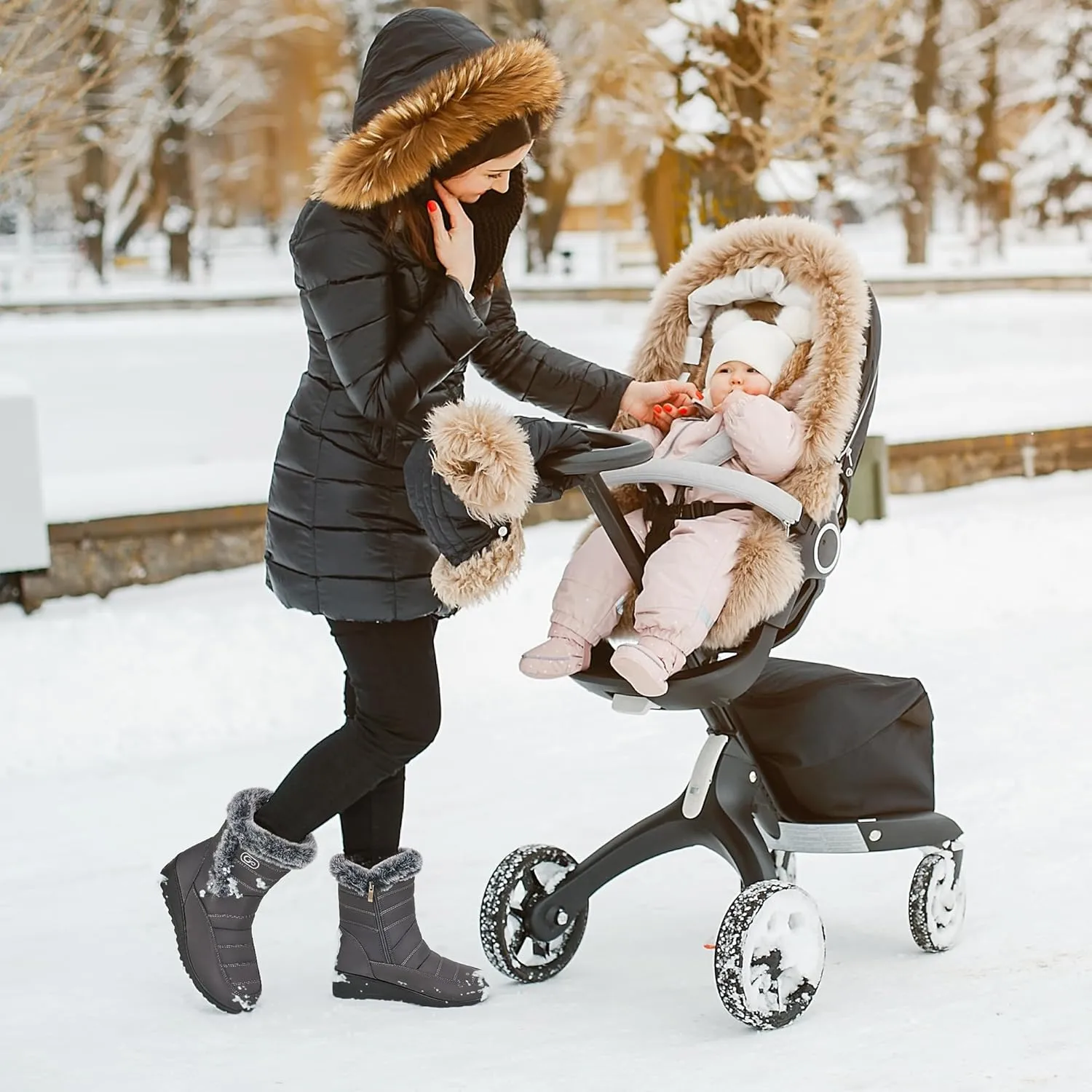 HARENCE Womens Winter Snow Boots: Warm Fur Lined Zipper Ankle Booties Comfortable Outdoor Waterproof Slip on Boots for Women