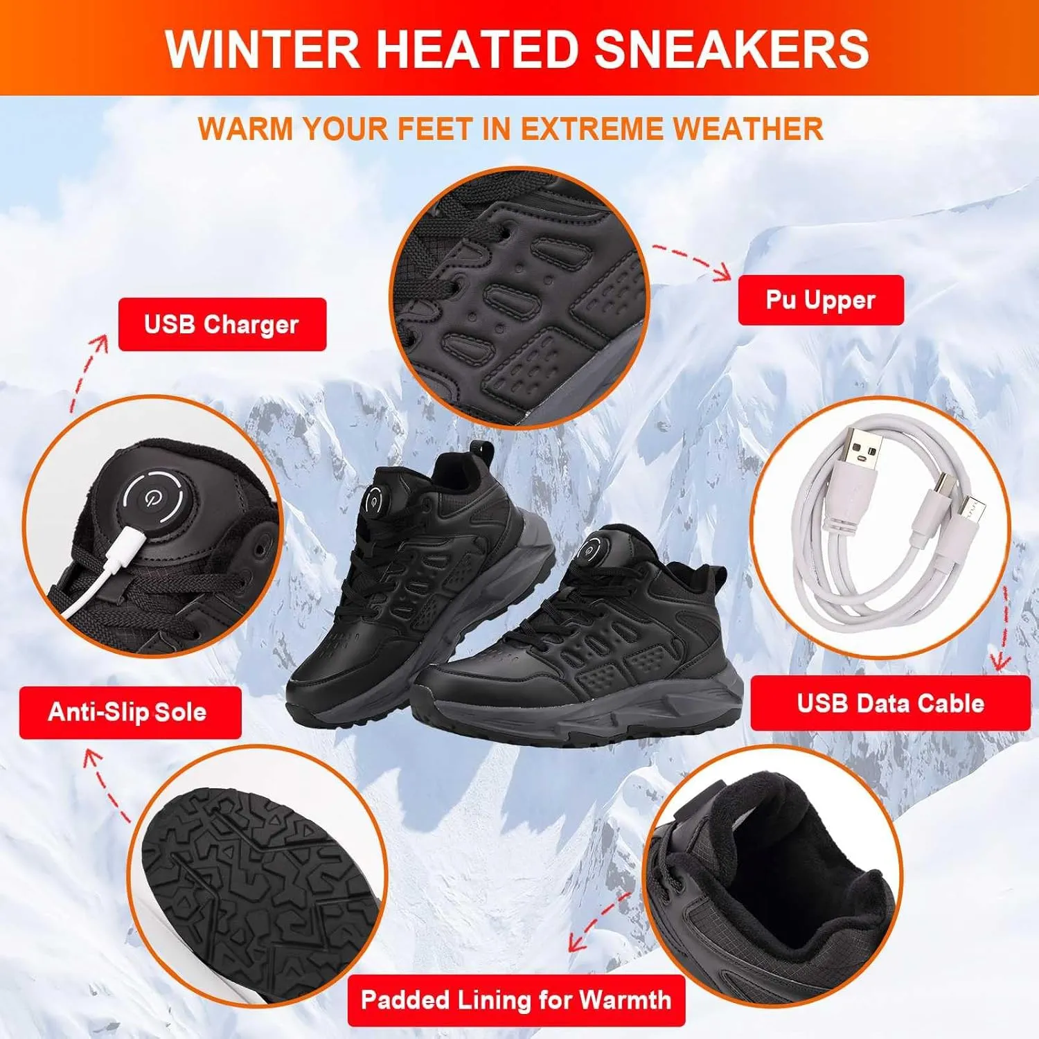 Heated Shoes, Heated Boots for Women with 3 Heating Settings 4000mAh Rechargeable Feet Warmers Winter Heated Insoles Sneakers for Men for Cold Weather Activities as Working Outdoor Unisex