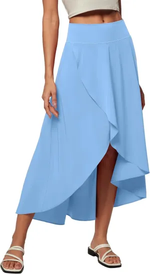 Heathyoga High Waist Wrap Skirt with Shorts Flowy Skirts for Women Trendy Summer Ruffle High Low Maxi Skirt with Slit