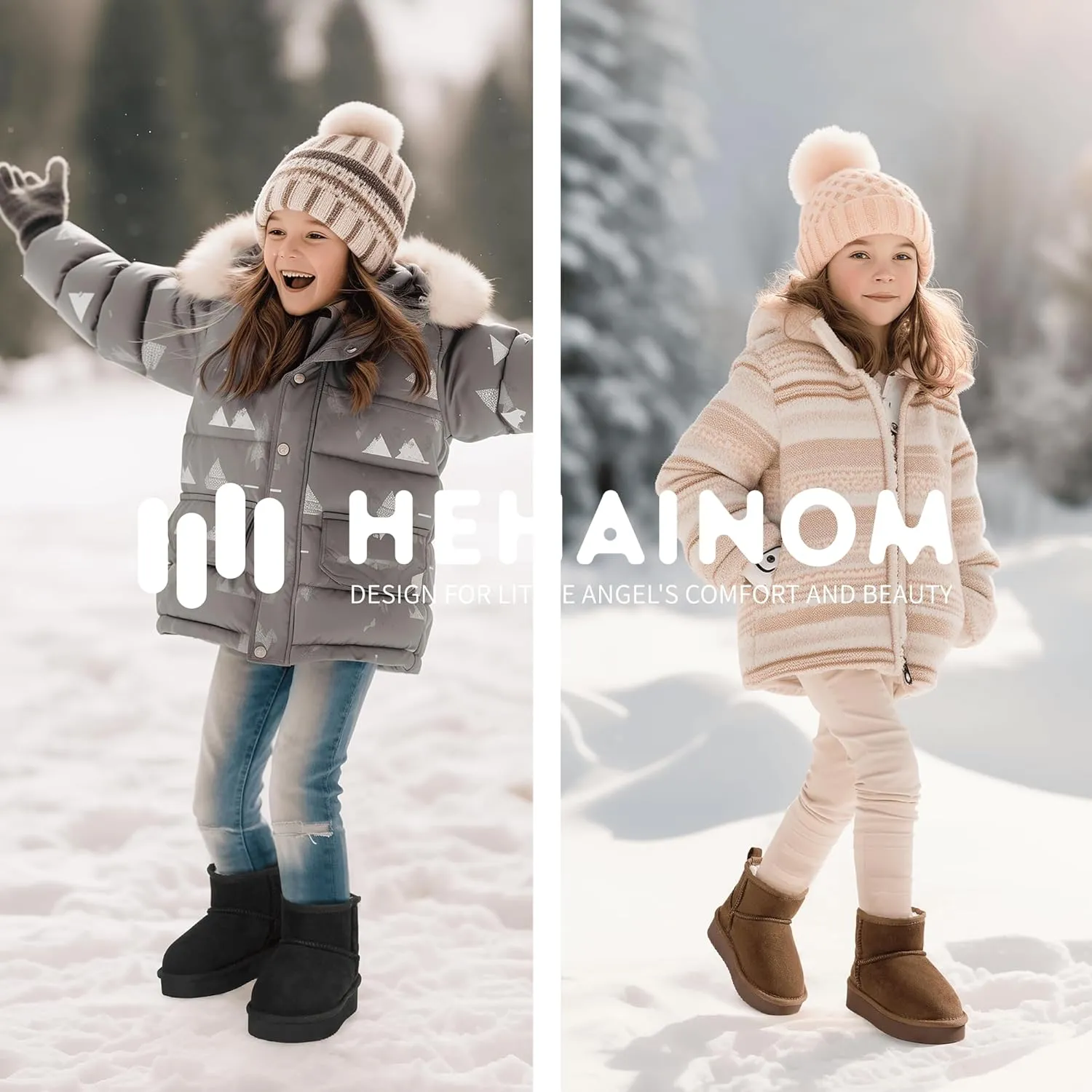 Hehainom Girls Boys Snow Boots Faux Fur Lined Warm Shoes for Toddler Little Big Kid Winter Ankle Boots