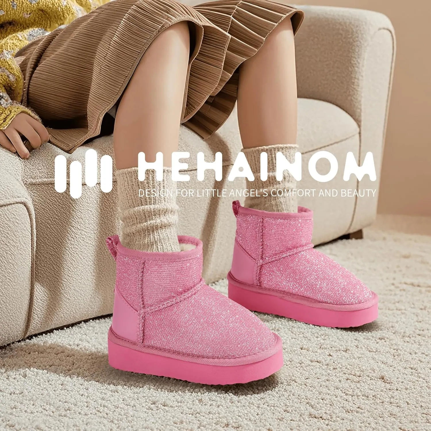 Hehainom Girls Boys Snow Boots Faux Fur Lined Warm Shoes for Toddler Little Big Kid Winter Ankle Boots