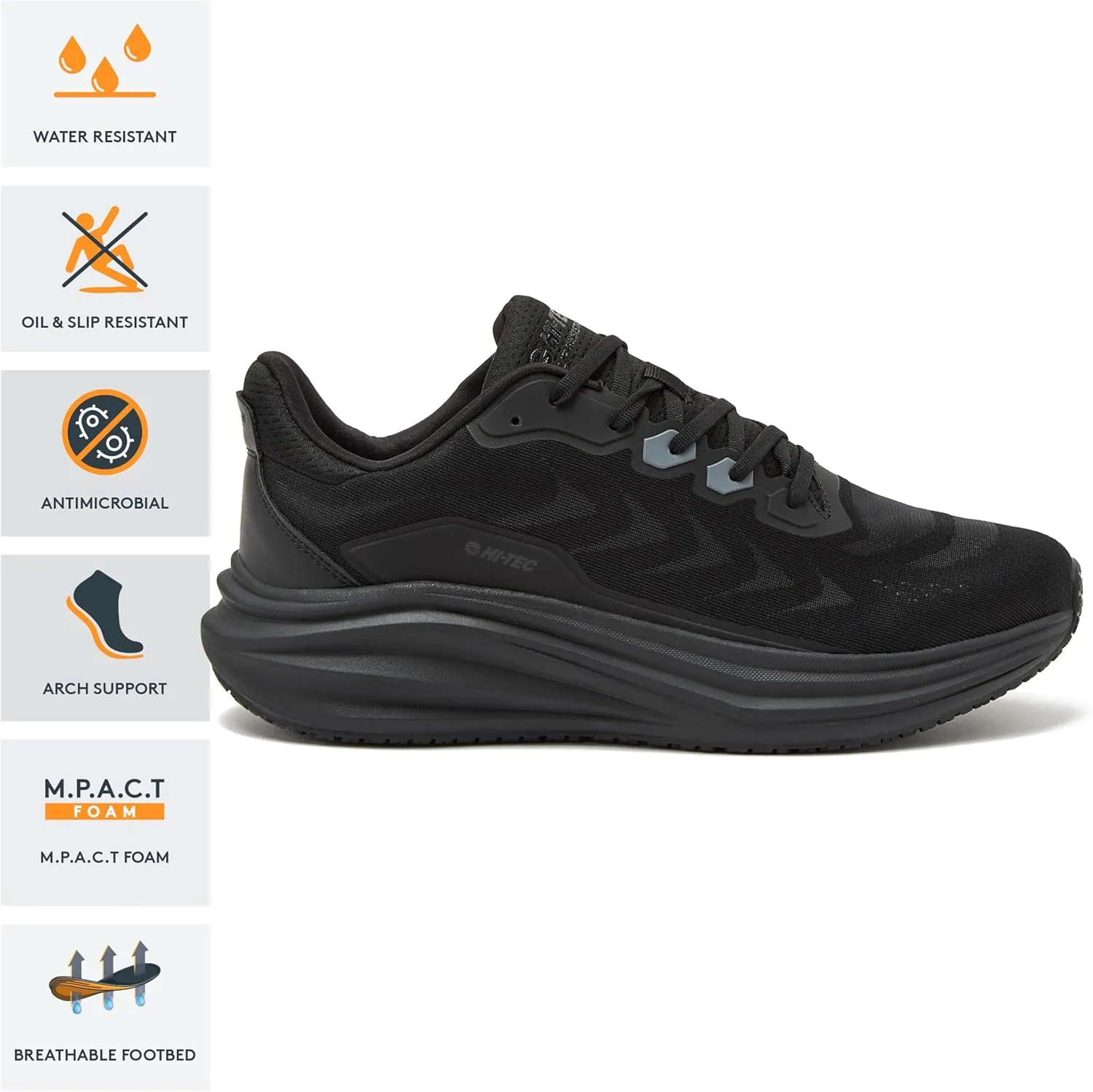 HI-TEC Resist SR Runner Mesh Black Non Slip Work Shoes for Men, Comfortable Water Resistant Mens Food Service Sneakers, Medium and Wide Width, Men's Size 7-16