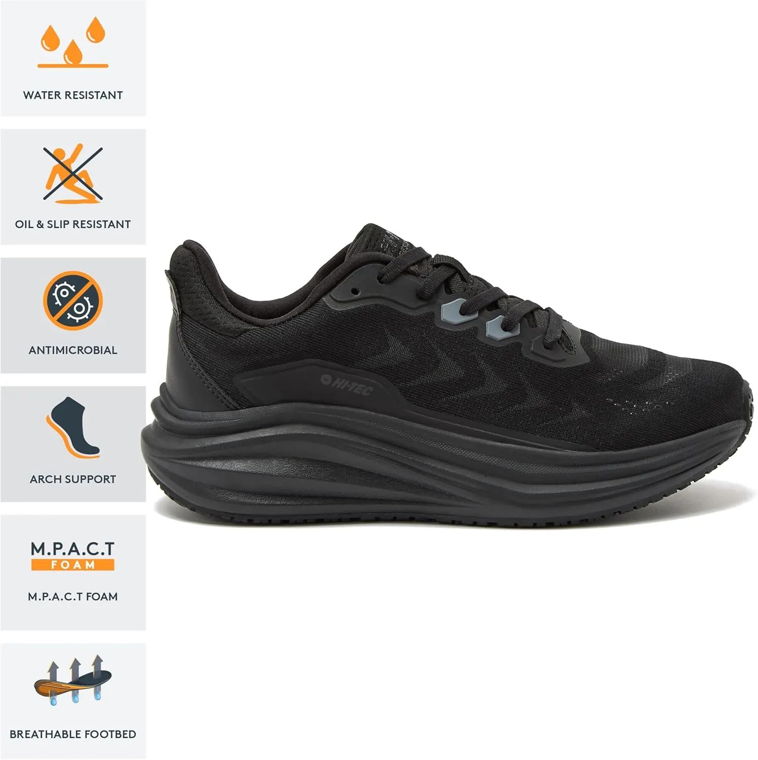 HI-TEC Resist SR Runner Mesh Black Non Slip Work Shoes for Women, Comfortable Water Resistant Womens Food Service Sneakers, Medium and Wide Width, Women's Size 6-12