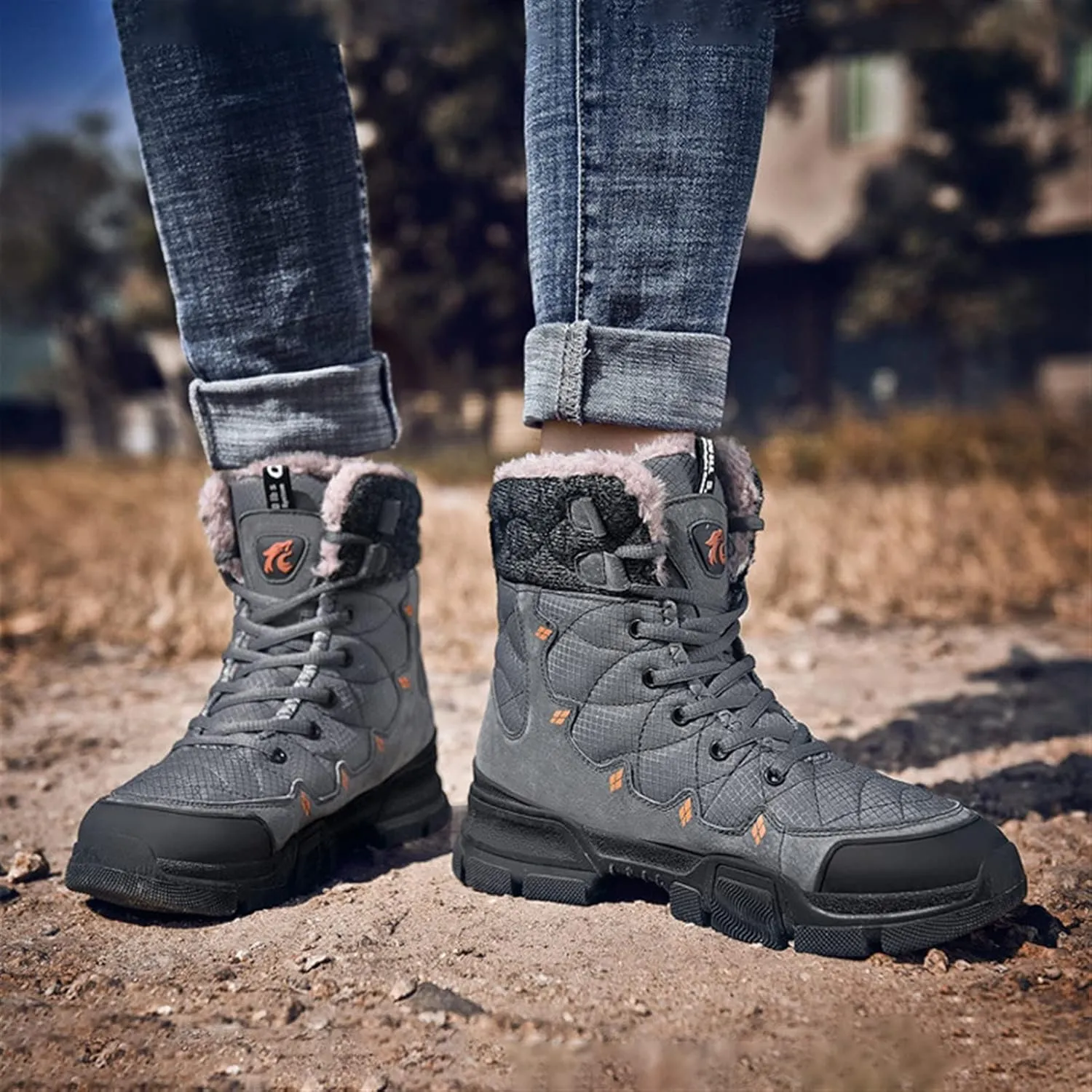 High Rise Hiking Boots, High- top Snow Boots, Mens Winter Warm Water Repellent Lace Up Walking Footwear, for Camping,Trekking, Hiking in Cold Weather (Color : Gray, Size : 38 EUR)