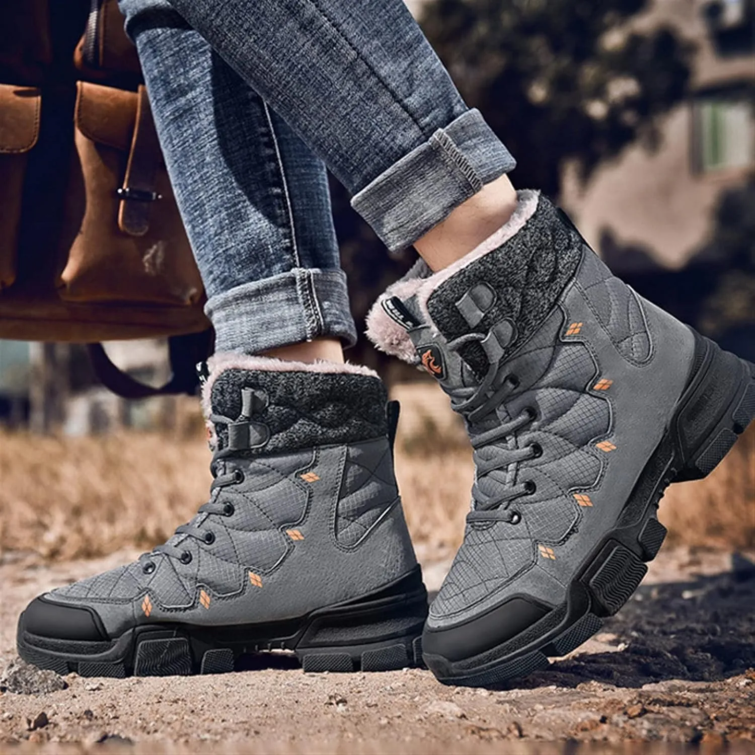 High Rise Hiking Boots, High- top Snow Boots, Mens Winter Warm Water Repellent Lace Up Walking Footwear, for Camping,Trekking, Hiking in Cold Weather (Color : Gray, Size : 38 EUR)
