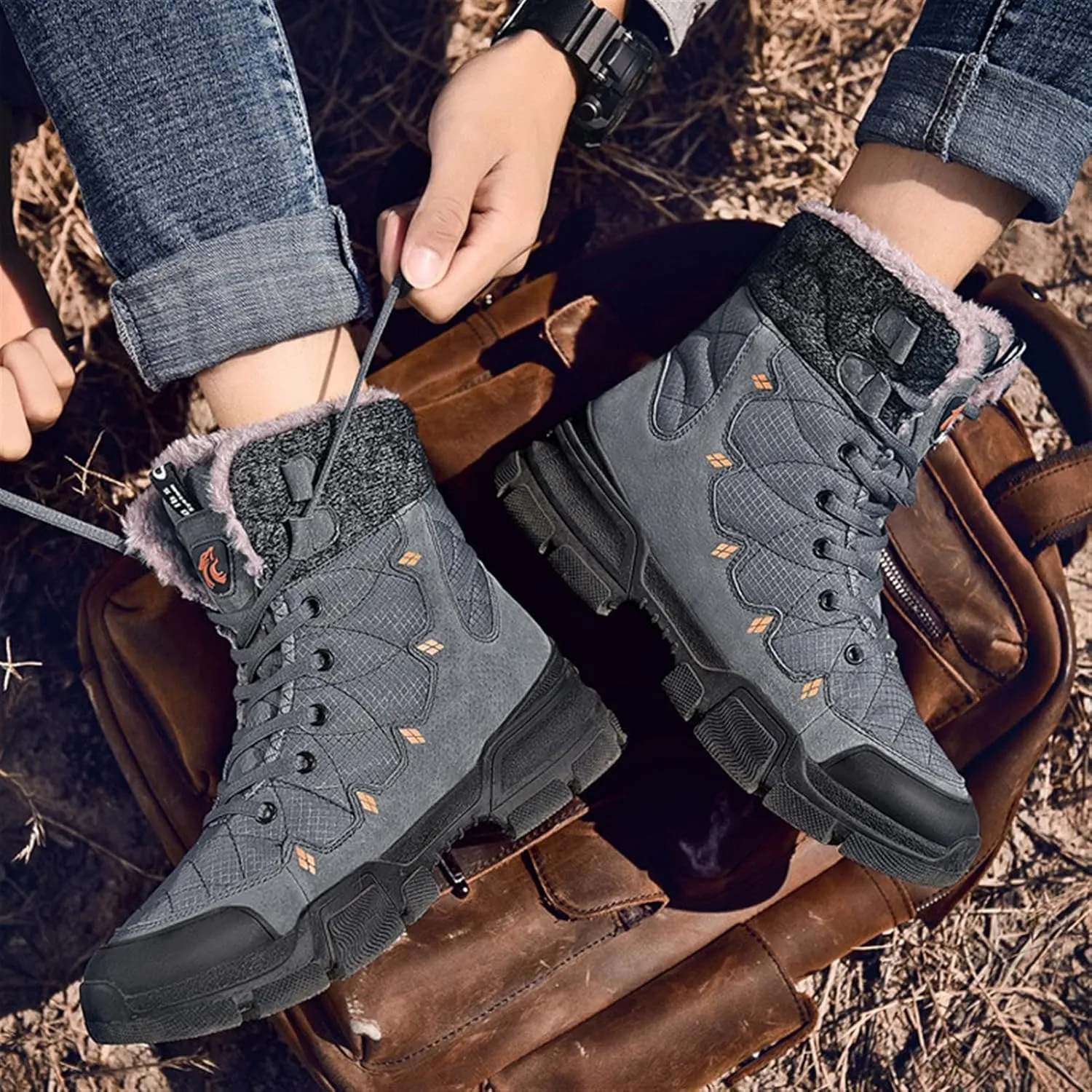 High Rise Hiking Boots, High- top Snow Boots, Mens Winter Warm Water Repellent Lace Up Walking Footwear, for Camping,Trekking, Hiking in Cold Weather (Color : Gray, Size : 38 EUR)