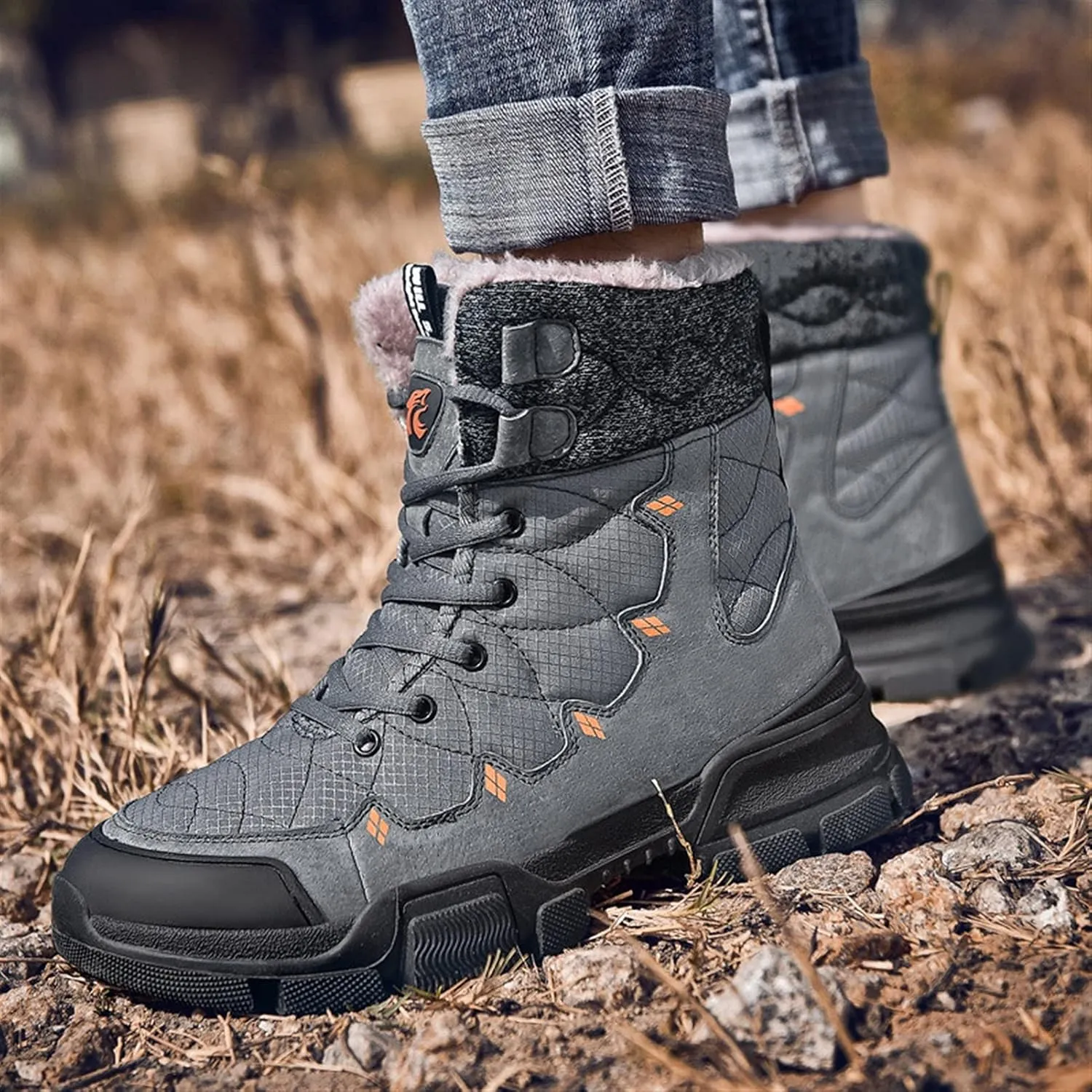 High Rise Hiking Boots, High- top Snow Boots, Mens Winter Warm Water Repellent Lace Up Walking Footwear, for Camping,Trekking, Hiking in Cold Weather (Color : Gray, Size : 38 EUR)