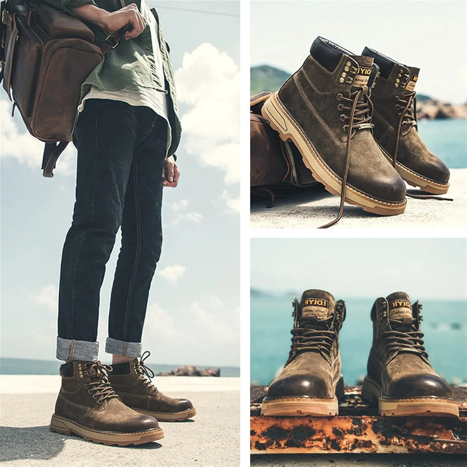High Rise Hiking Boots, Mens Leather Work Boots, Suede Classic Ankle Non- Slip Lace Up Footwear, Outdoor Walking Ridding Garden Comfortable Shose, for Birthday,Father' s Day