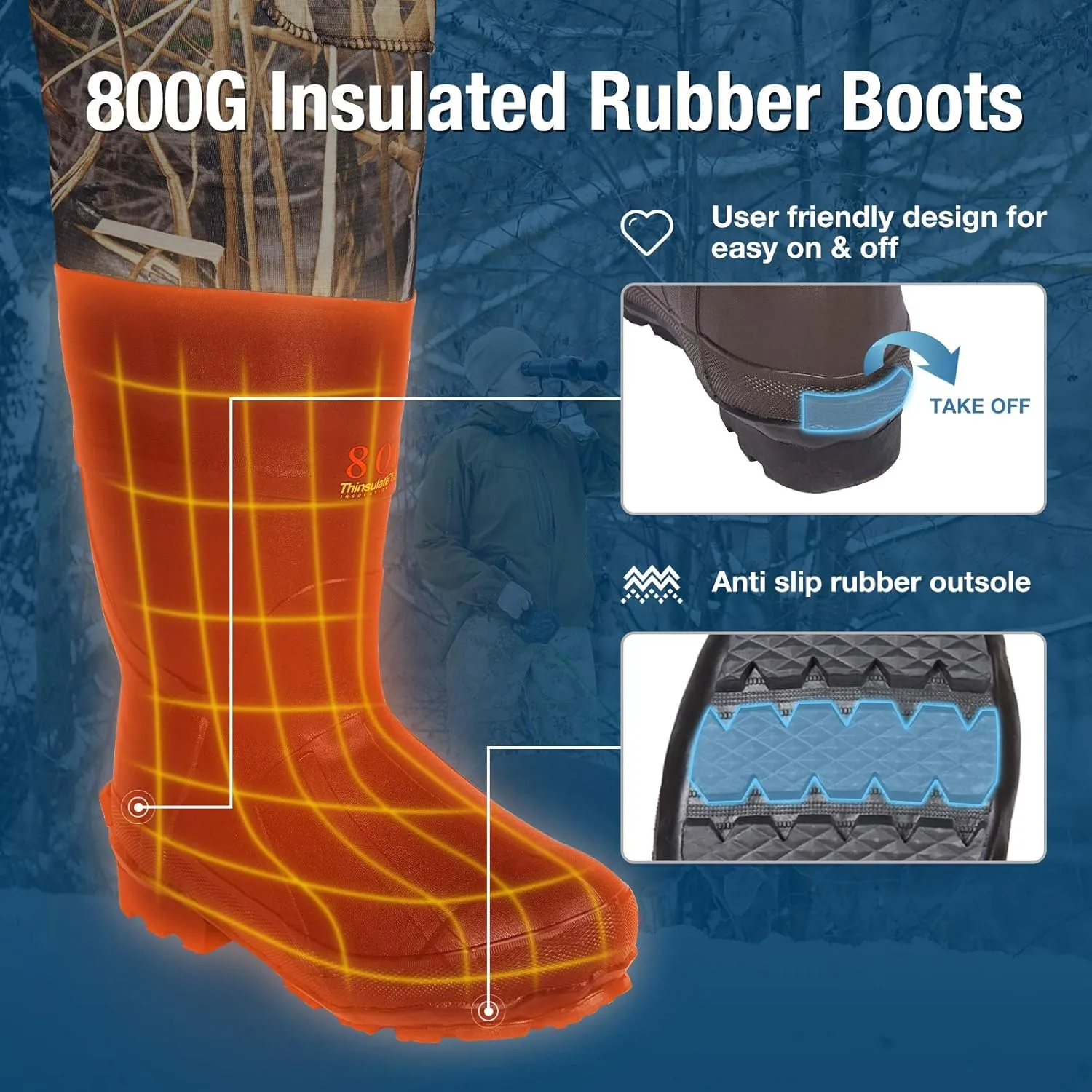 HISEA Hunting Waders, Neoprene Chest Waders for Men with 800G Insulated Boots Waterproof Neoprene Bootfoot Waders