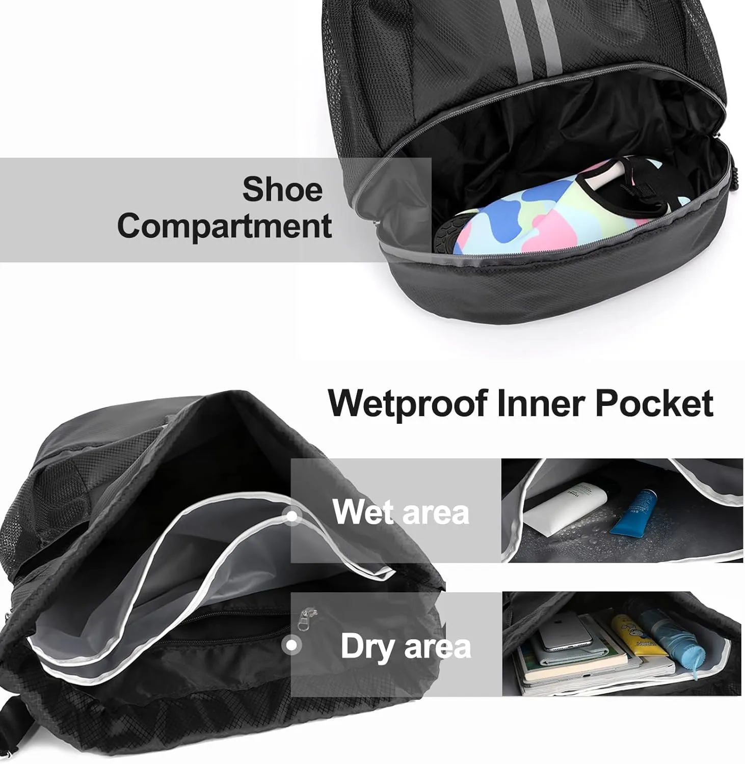 Hoedia Sports Drawstring Backpack - String Swim Gym Bag with Shoes Compartment and Wet Proof Pocket for Women&Men