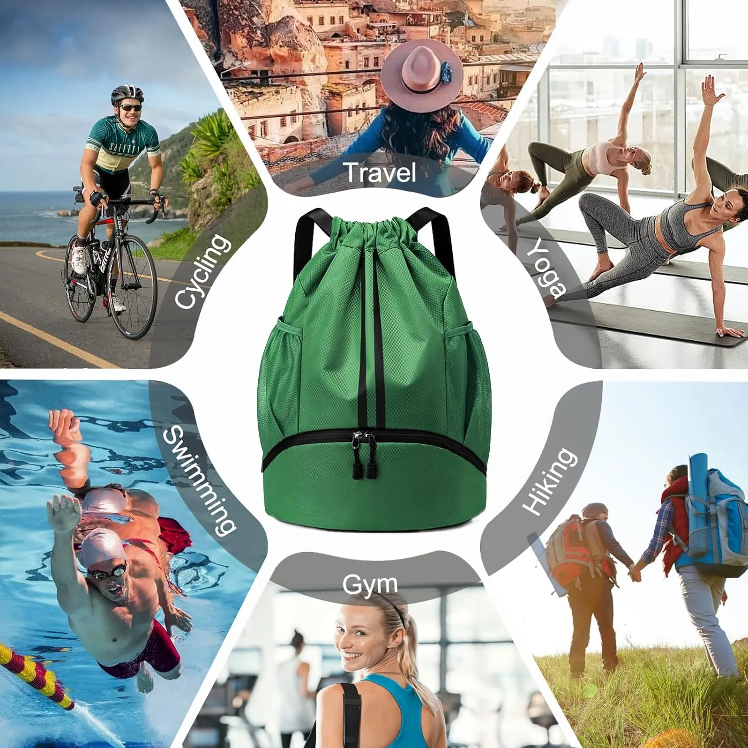Hoedia Sports Drawstring Backpack - String Swim Gym Bag with Shoes Compartment and Wet Proof Pocket for Women/Men (Dark Green)