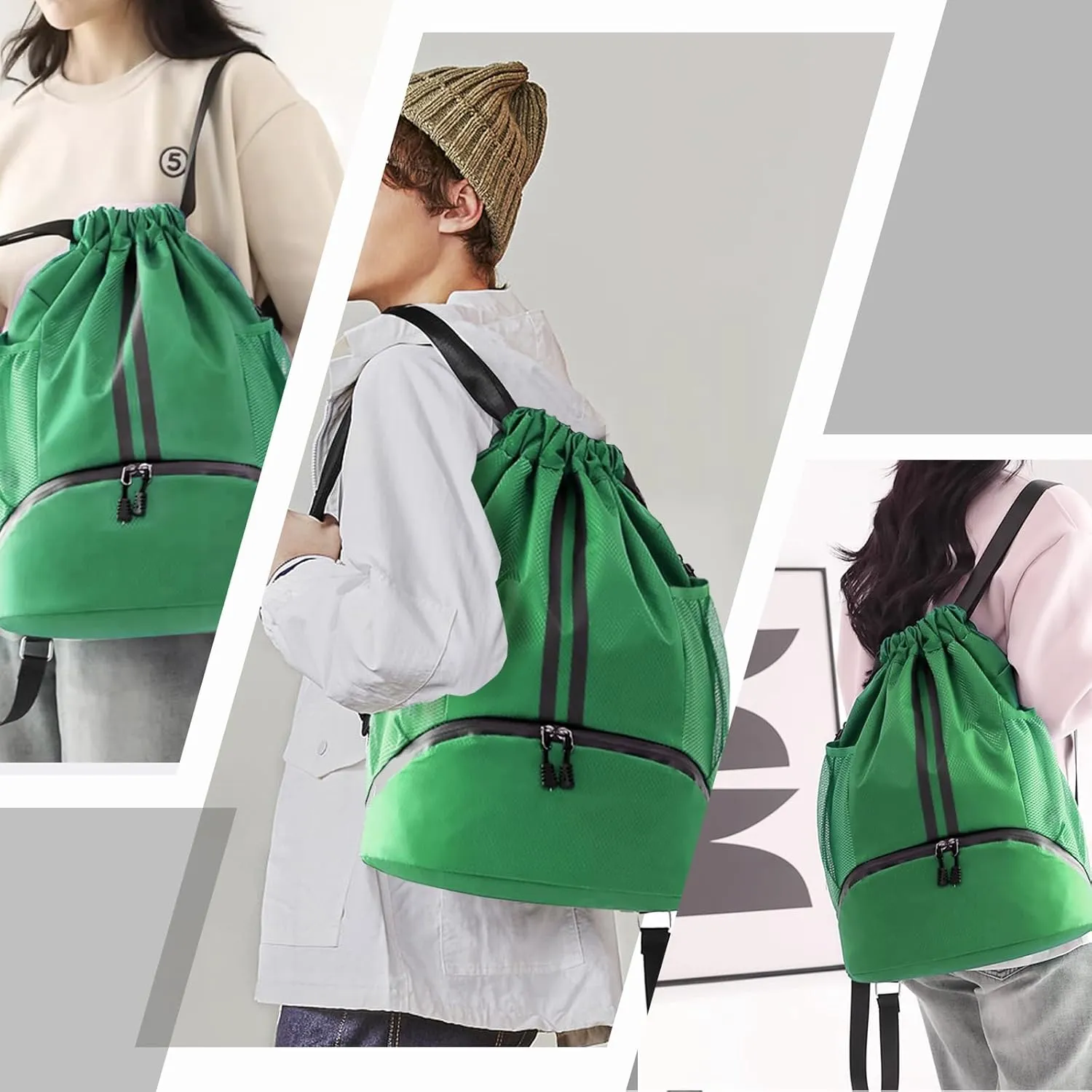 Hoedia Sports Drawstring Backpack - String Swim Gym Bag with Shoes Compartment and Wet Proof Pocket for Women/Men (Dark Green)