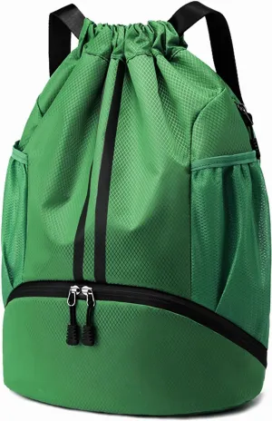 Hoedia Sports Drawstring Backpack - String Swim Gym Bag with Shoes Compartment and Wet Proof Pocket for Women/Men (Dark Green)