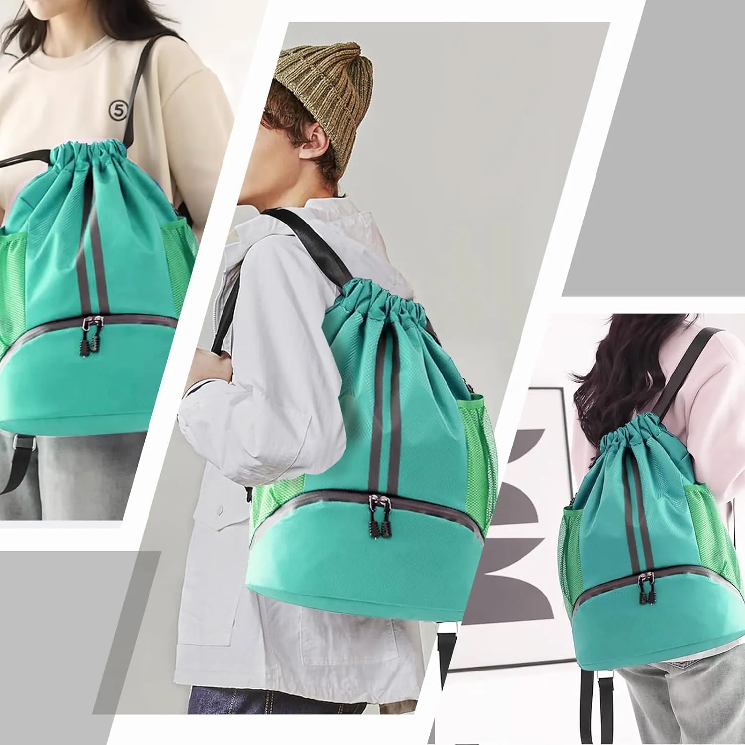 Hoedia Sports Drawstring Backpack - String Swim Gym Bag with Shoes Compartment and Wet Proof Pocket for Women/Men (Mint Green)