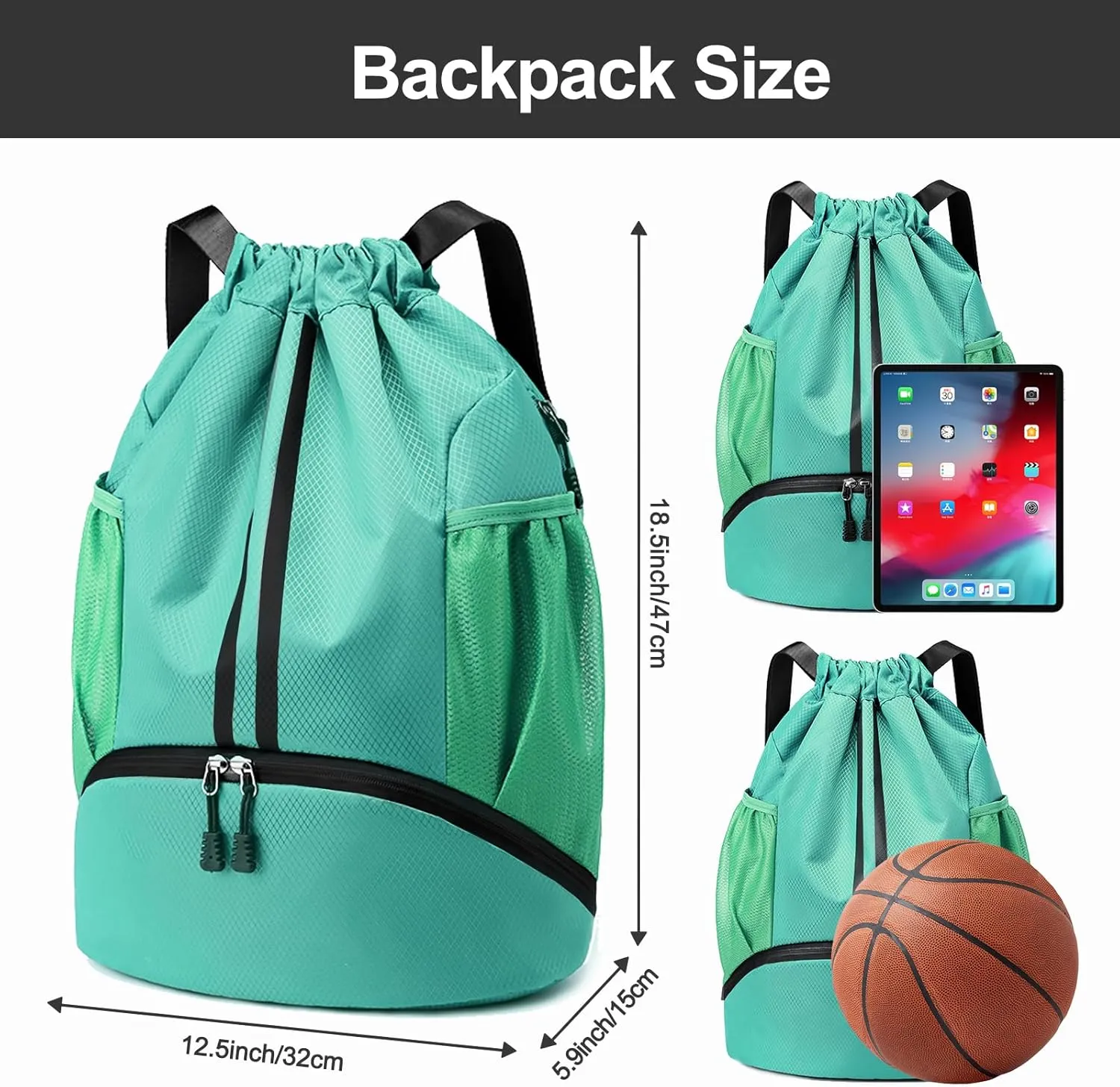Hoedia Sports Drawstring Backpack - String Swim Gym Bag with Shoes Compartment and Wet Proof Pocket for Women/Men (Mint Green)