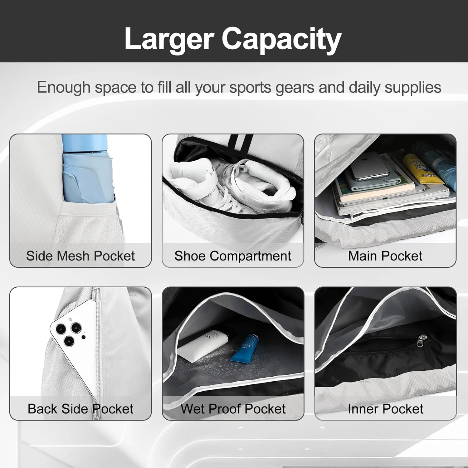 Hoedia Sports Drawstring Backpack - String Swim Gym Bag with Shoes Compartment and Wet Proof Pocket for Women/Men (White)