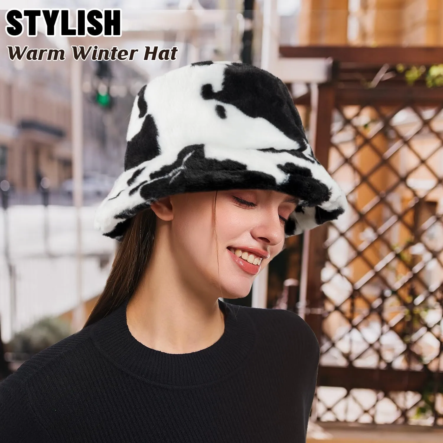 HONGTEYA Winter Bucket Hat Fluffy Faux Fur Fisherman Cap for Women Men Solid Color Style