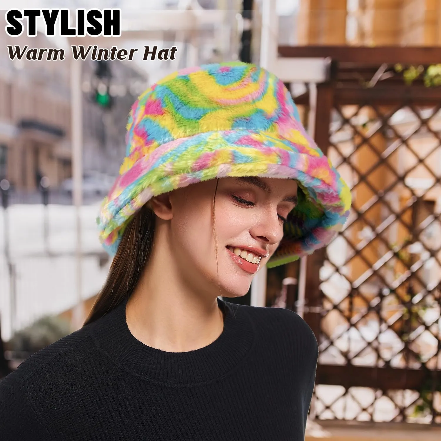 HONGTEYA Winter Bucket Hat Fluffy Faux Fur Fisherman Cap for Women Men Solid Color Style