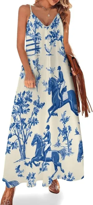 Horse Jumping Horsing Rider Long Dresses for Women Spaghetti Straps Sleeveless Slip Dress Casual Sundress Tankdress 4XL