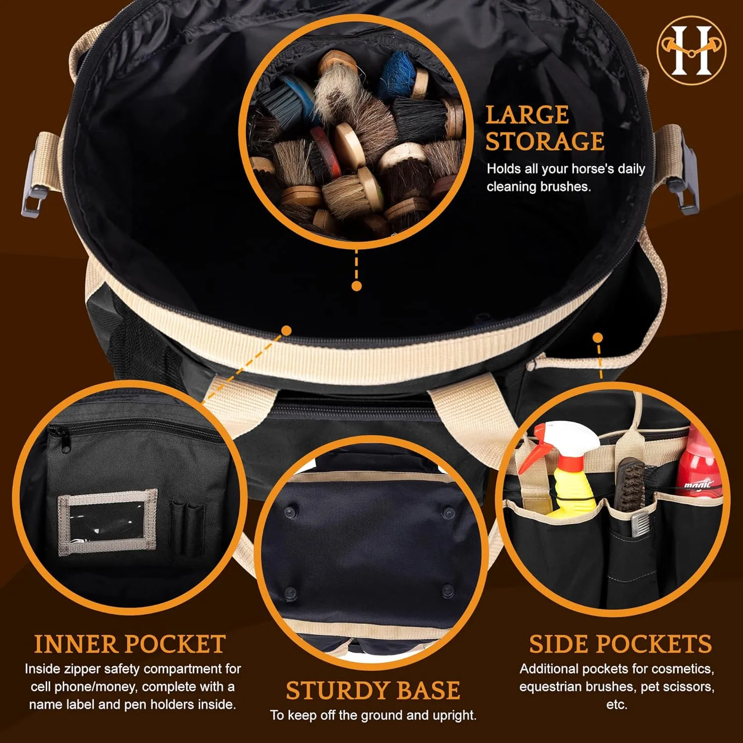 Huntley Equestrian Deluxe Grooming Bag Perfectly Designed Easy Access Multi Pocket Zipper Top Closure Double Handles Shoulder Strap Exterior Pockets