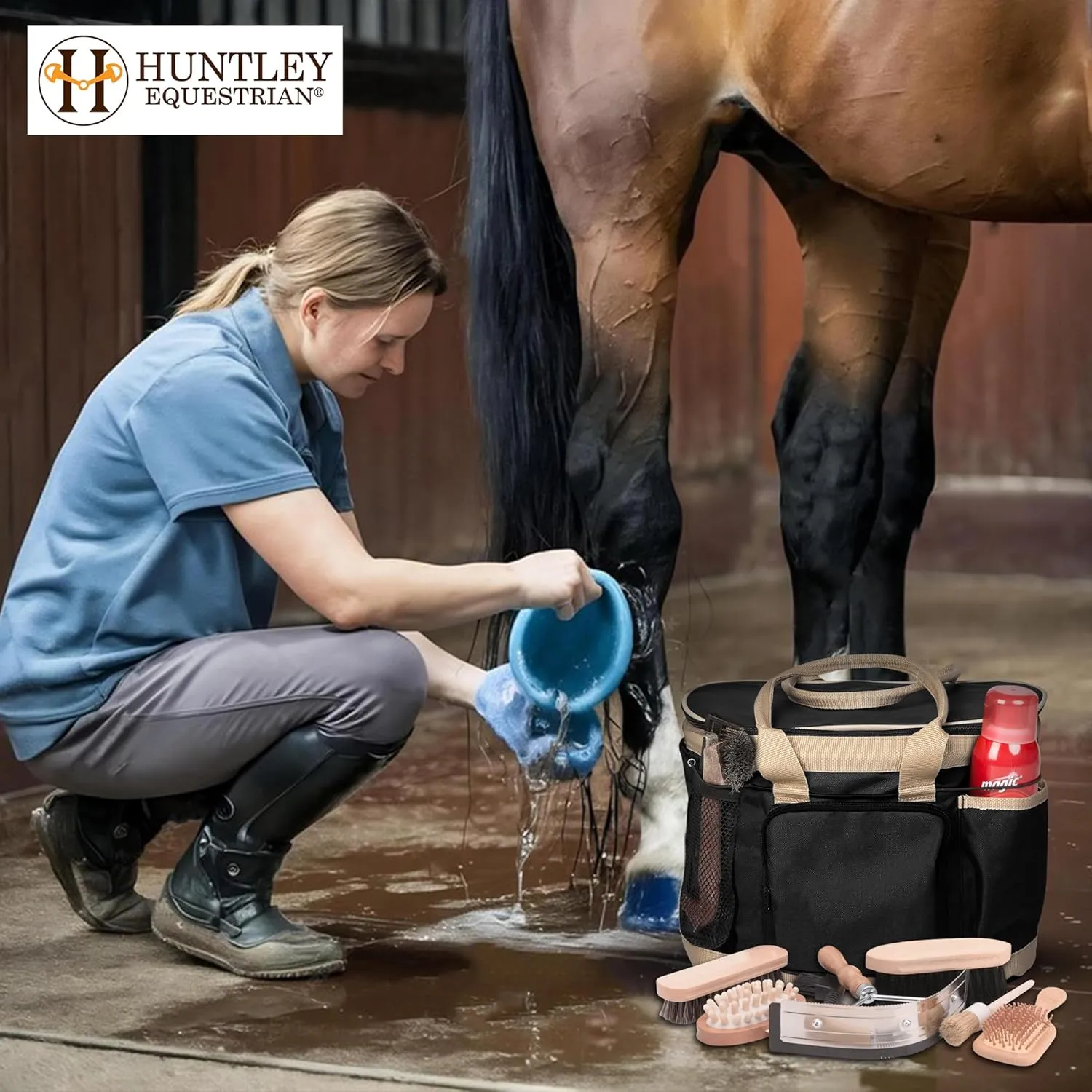 Huntley Equestrian Deluxe Grooming Bag Perfectly Designed Easy Access Multi Pocket Zipper Top Closure Double Handles Shoulder Strap Exterior Pockets