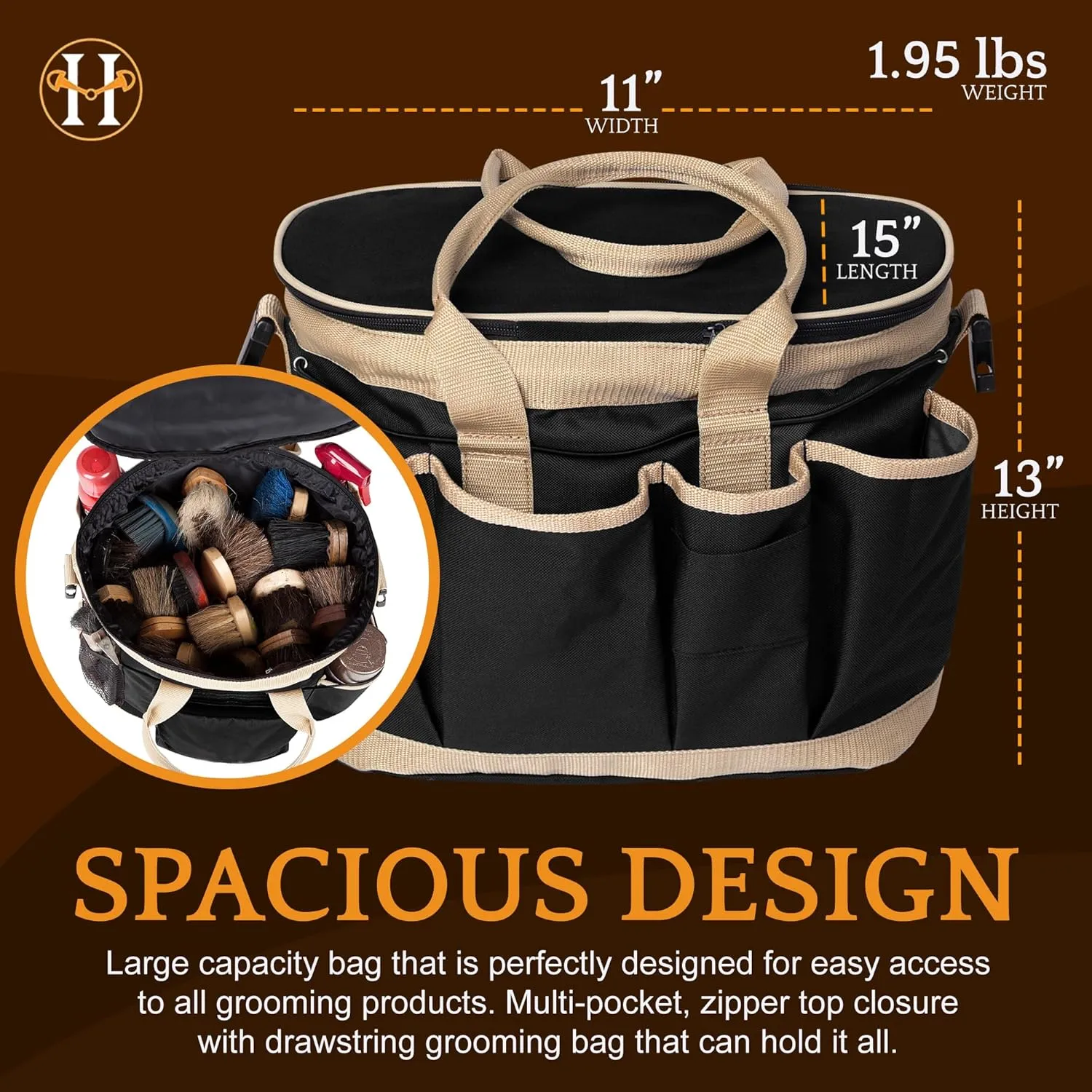 Huntley Equestrian Deluxe Grooming Bag Perfectly Designed Easy Access Multi Pocket Zipper Top Closure Double Handles Shoulder Strap Exterior Pockets