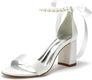 Hyinlays Chunky Block Heels for Women High Heel with Pearls Ankle Strap Wedding Shoes Open Toe Heels Dressy Pumps Sandals
