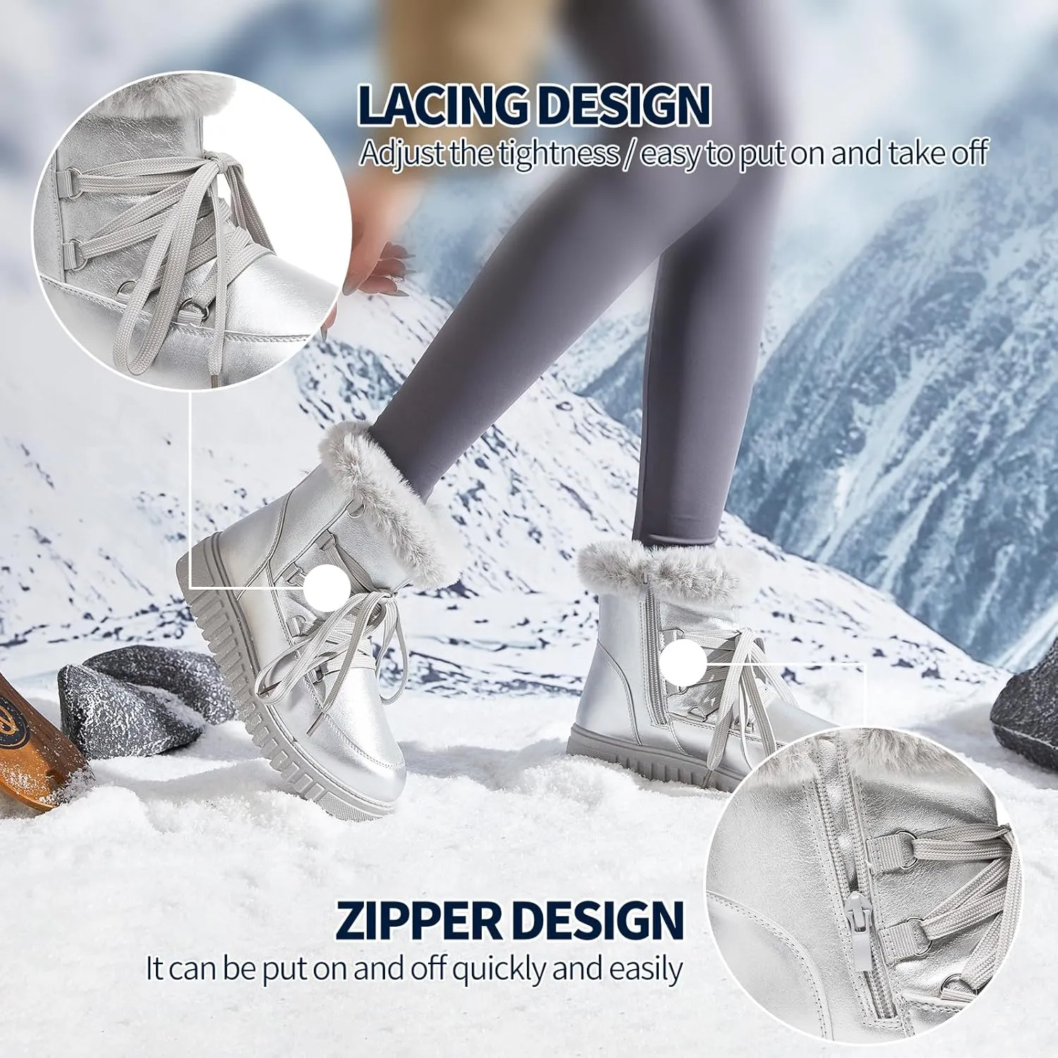 HYPOCRUTE Women's Fur lined Snow Boots Warm Winter Boots for Women Lace up Non Slip Ankle Booties Comfortable Fuzzy Boots with Zipper