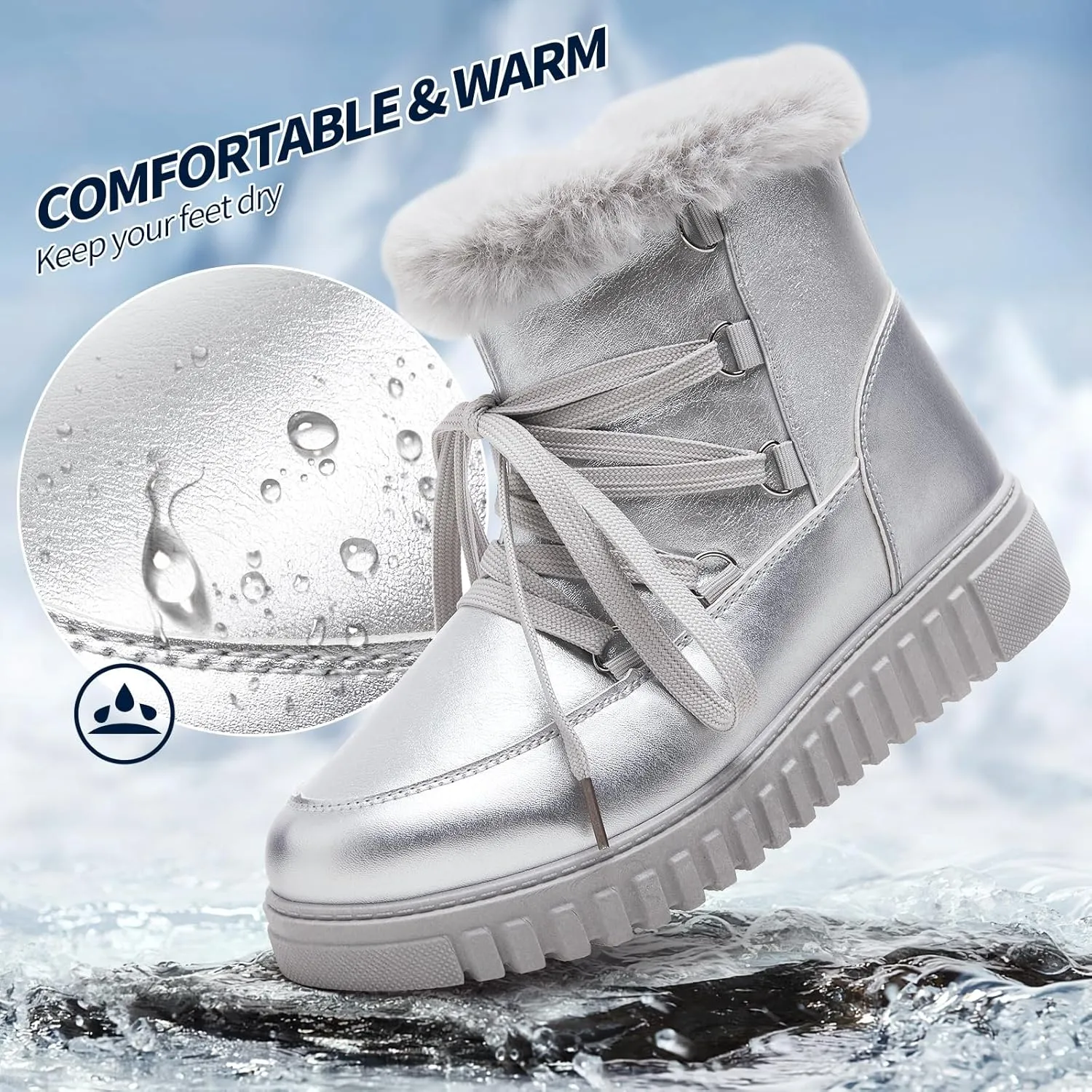 HYPOCRUTE Women's Fur lined Snow Boots Warm Winter Boots for Women Lace up Non Slip Ankle Booties Comfortable Fuzzy Boots with Zipper