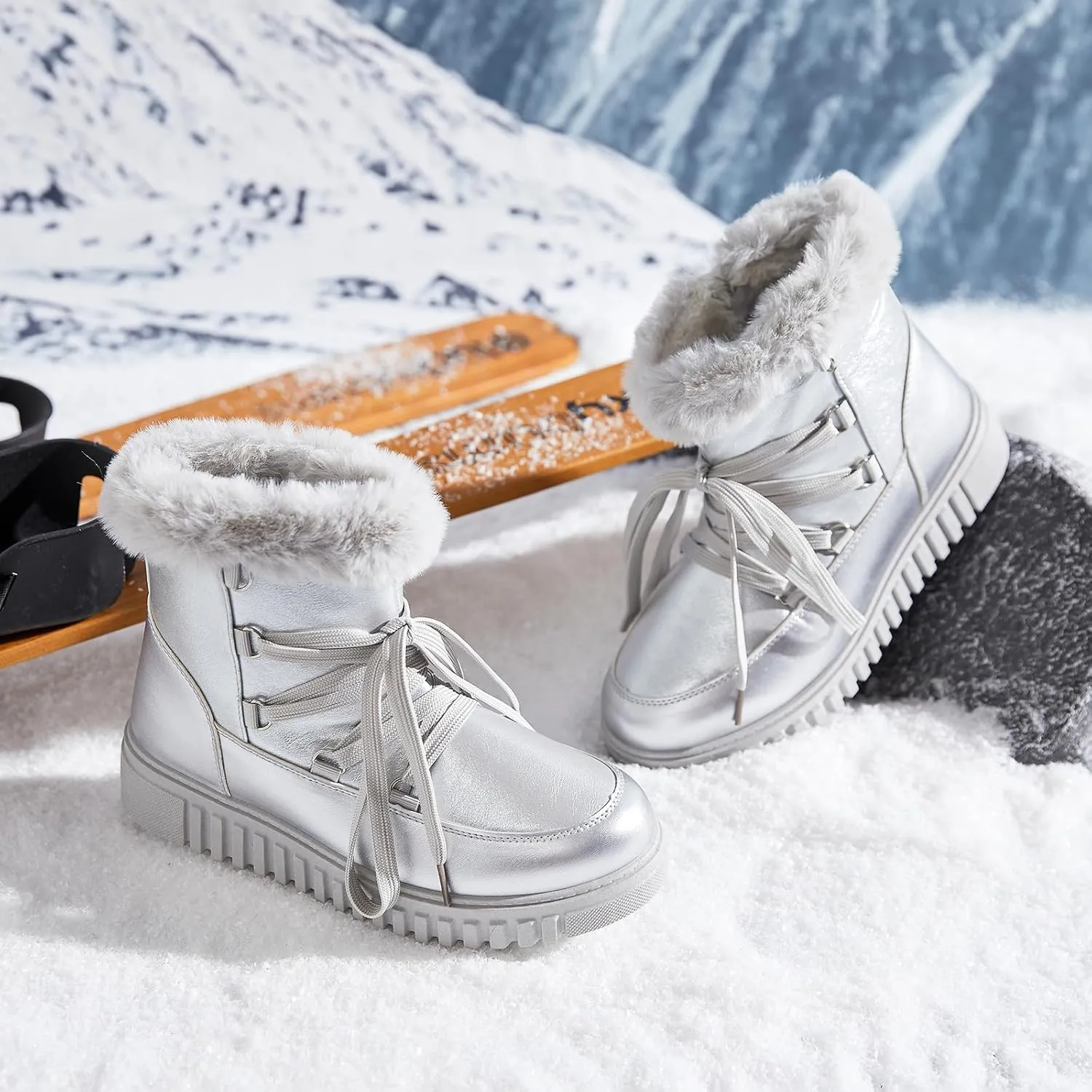 HYPOCRUTE Women's Fur lined Snow Boots Warm Winter Boots for Women Lace up Non Slip Ankle Booties Comfortable Fuzzy Boots with Zipper