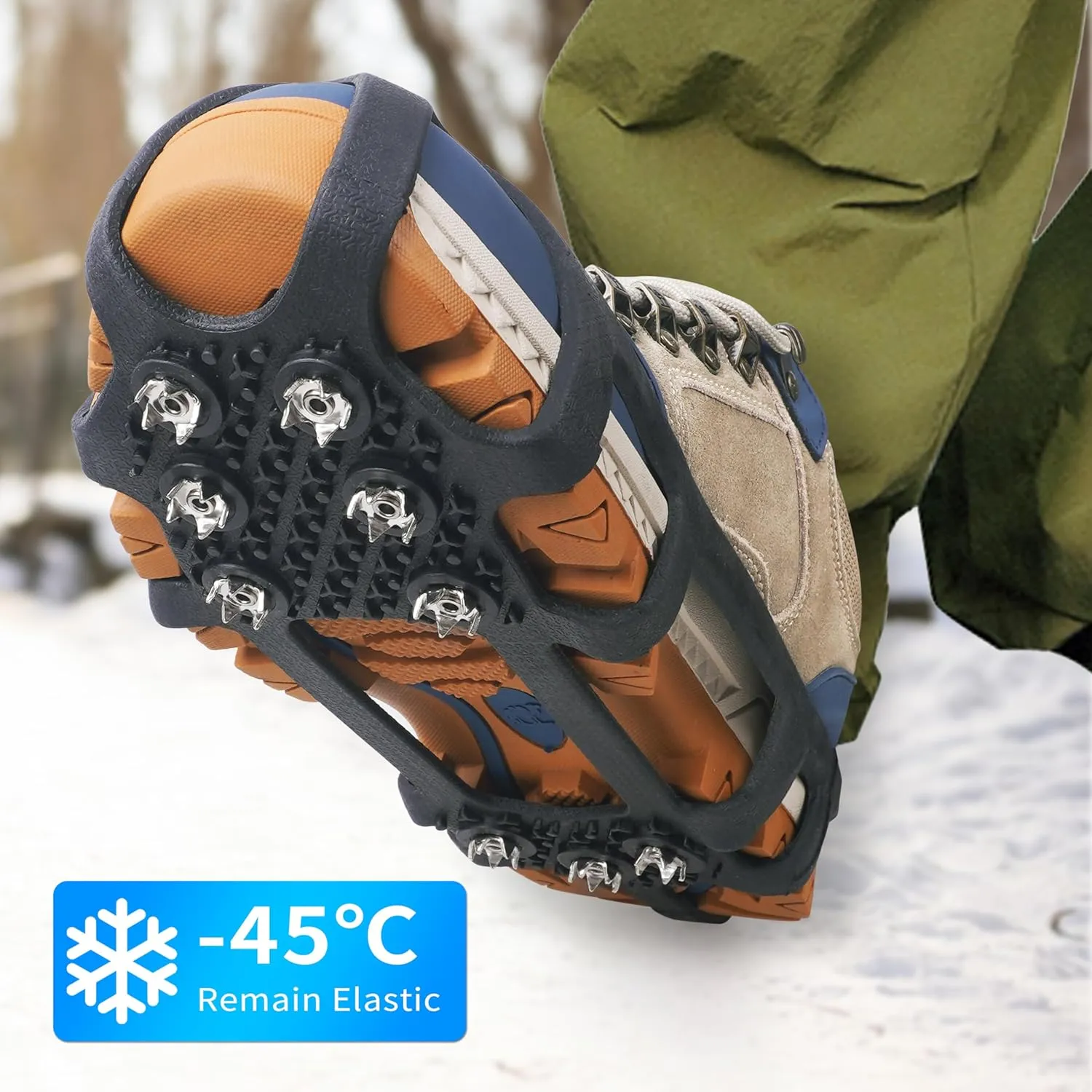 Ice Cleats for Shoes and Boots Snow Traction Cleats Crampons for Walking on Snow and Ice 9 Studs Non-Slip Overshoe Rubber Anti Slip Crampons Slip-on Stretch Footwear Winter Hiking Climbing Ice Fishing