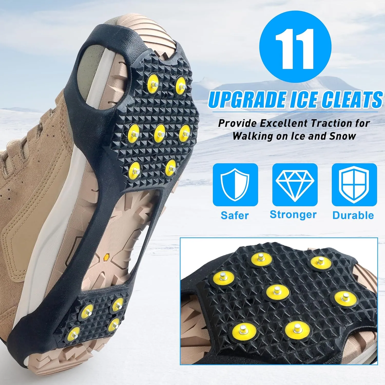 Ice Cleats for Shoes and Boots Traction Cleats for Snow Anti Slip Crampons 11 Studs Rubber Overshoe for Walking on Ice and Snow