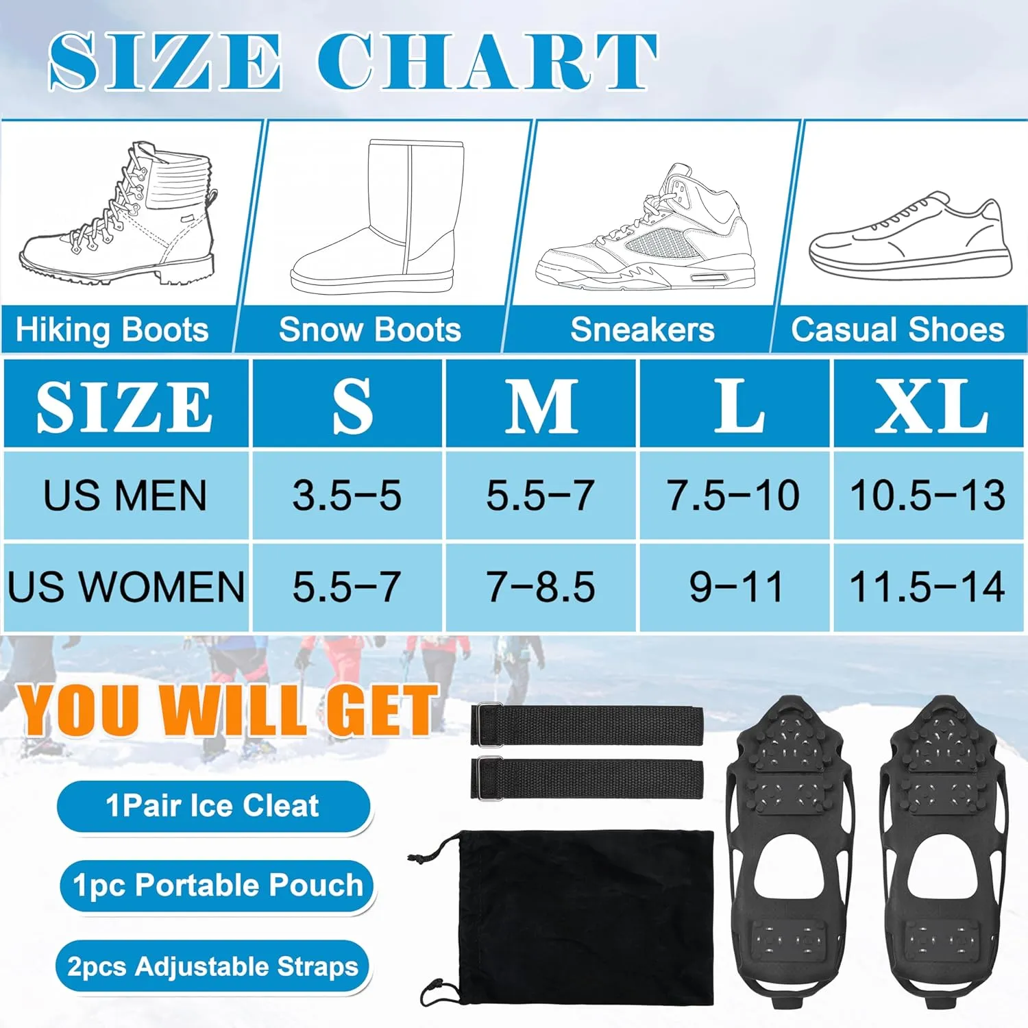Ice Snow Traction Cleats for Shoes and Boots Non-Slip Crampon Snow Cleats for Winter Walking on Snow and Ice Boots Cleats for Men Women Walking Jogging Hiking
