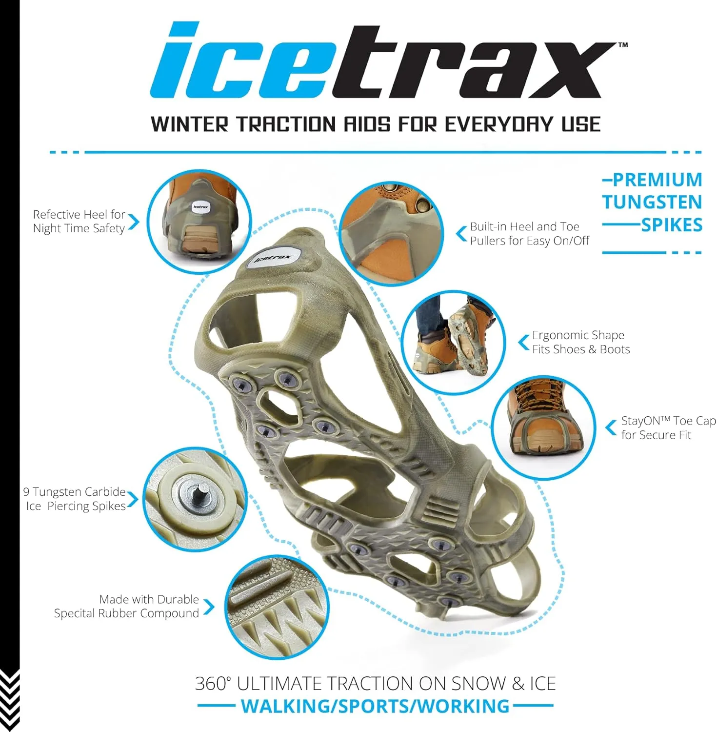 ICETRAX V3 Tungsten Crampons, Ice Cleats for Shoes and Boots - Ice Grips for Snow and Ice, Non-Slip Shoe Grippers with Reflective Heel