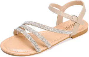 IDIFU Strappy Sandals for Women Dressy Summer Flat Sandals with Back Strap Open Toe Slingback Ankle Strap Sandals Wedding Bridal Prom Bride Bridesmaid Sandals Comfortable Cute Casual Dress Sandals