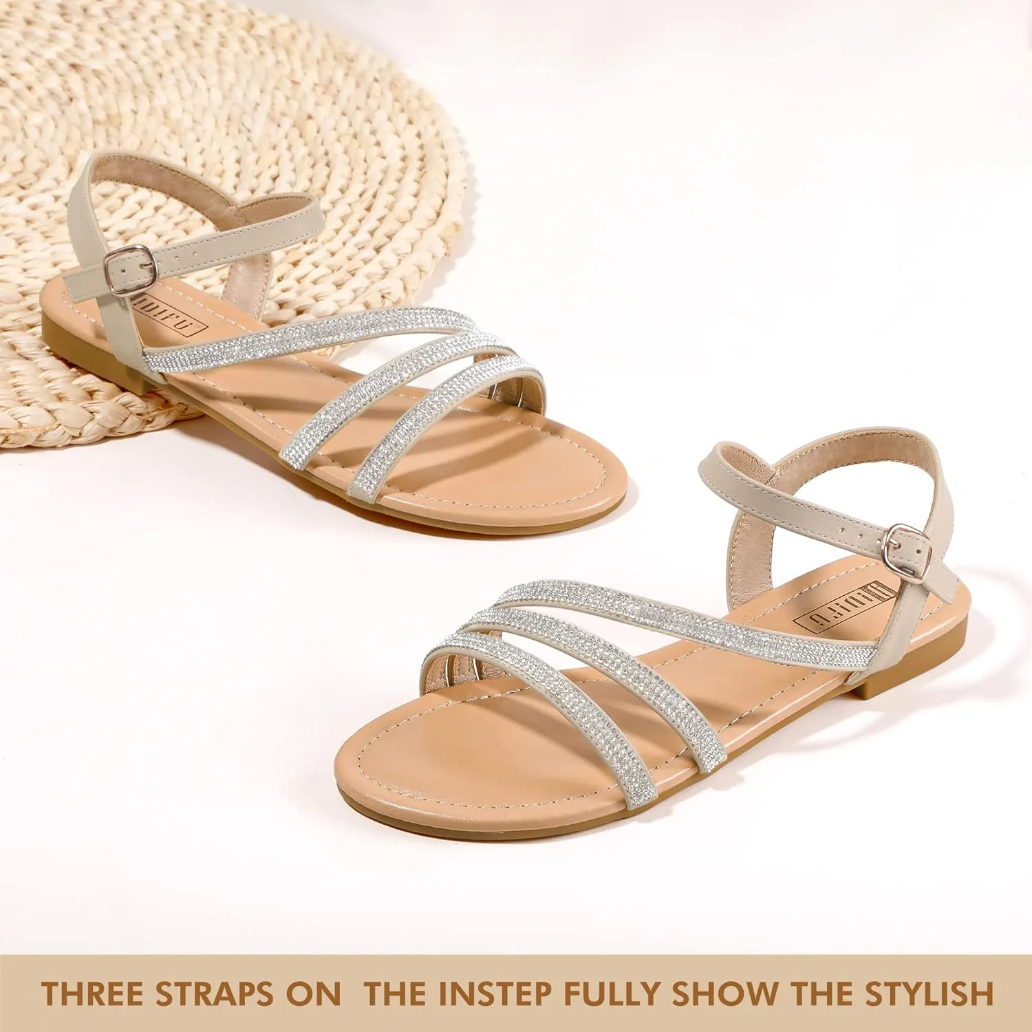 IDIFU Strappy Sandals for Women Dressy Summer Flat Sandals with Back Strap Open Toe Slingback Ankle Strap Sandals Wedding Bridal Prom Bride Bridesmaid Sandals Comfortable Cute Casual Dress Sandals