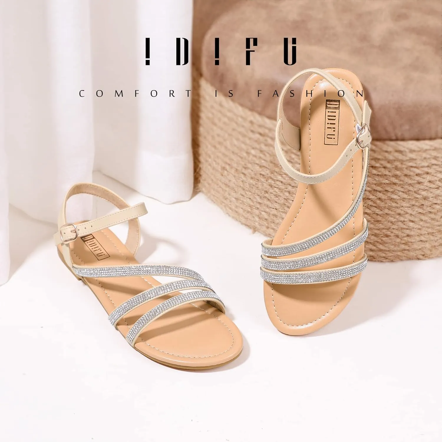 IDIFU Strappy Sandals for Women Dressy Summer Flat Sandals with Back Strap Open Toe Slingback Ankle Strap Sandals Wedding Bridal Prom Bride Bridesmaid Sandals Comfortable Cute Casual Dress Sandals