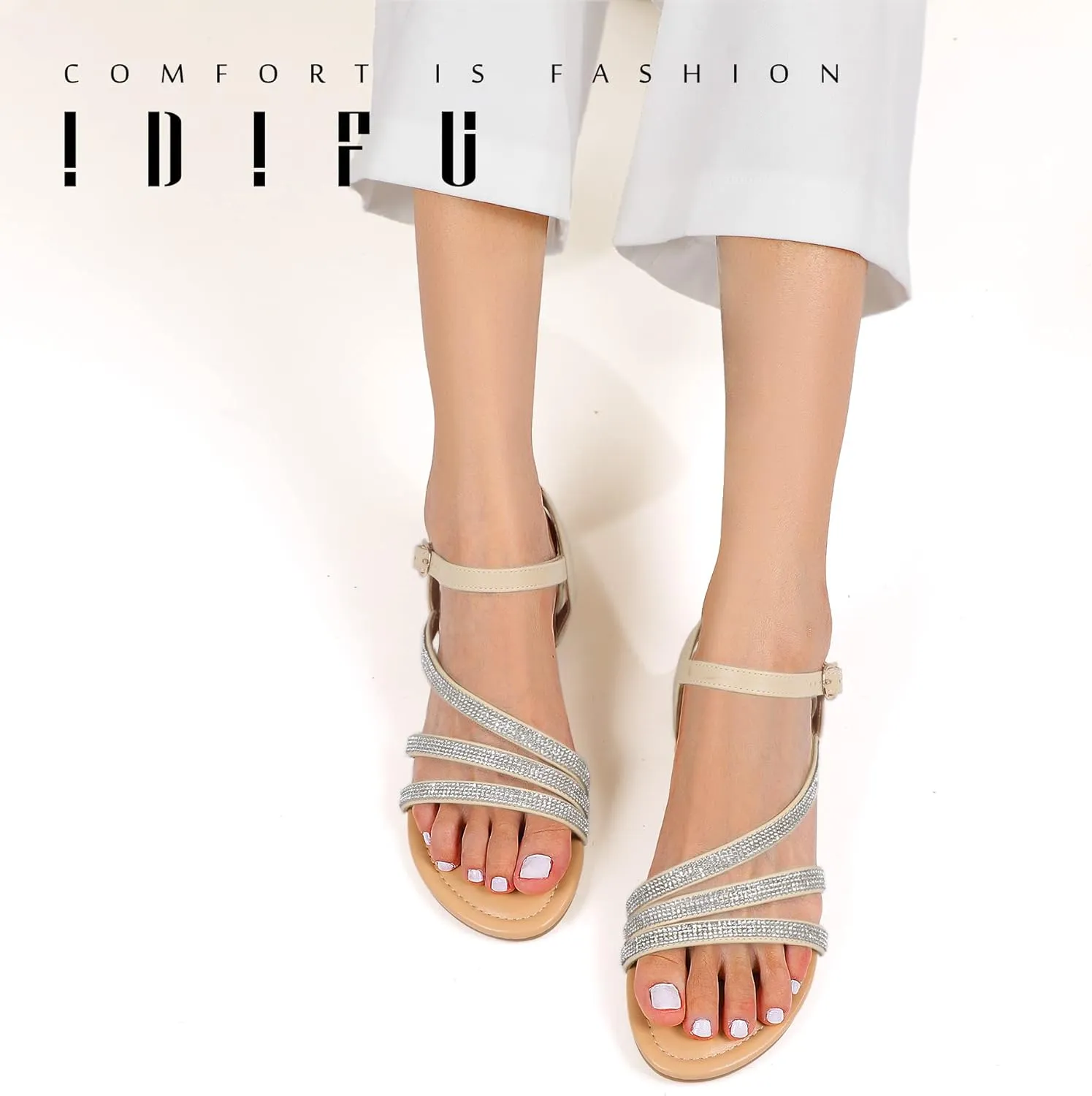 IDIFU Strappy Sandals for Women Dressy Summer Flat Sandals with Back Strap Open Toe Slingback Ankle Strap Sandals Wedding Bridal Prom Bride Bridesmaid Sandals Comfortable Cute Casual Dress Sandals