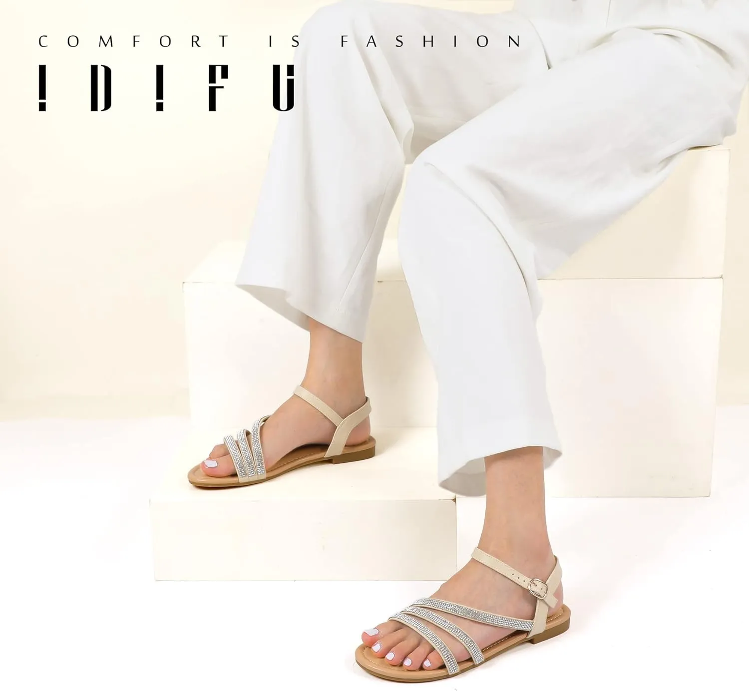 IDIFU Strappy Sandals for Women Dressy Summer Flat Sandals with Back Strap Open Toe Slingback Ankle Strap Sandals Wedding Bridal Prom Bride Bridesmaid Sandals Comfortable Cute Casual Dress Sandals