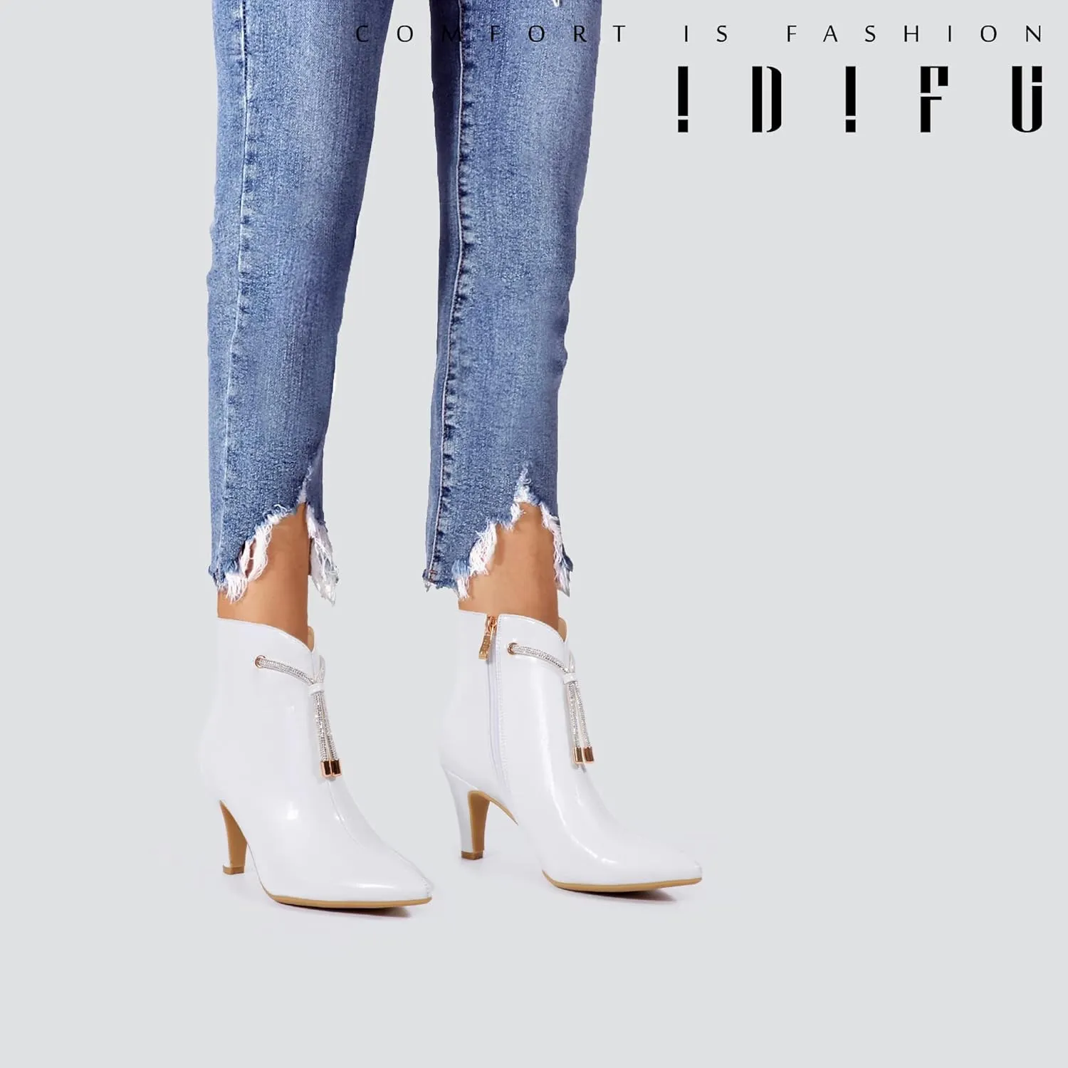 IDIFU Women's CLARA-Z Pointed Toe High Heel Ankle Booties Zipper Buckle Strap Short Boots