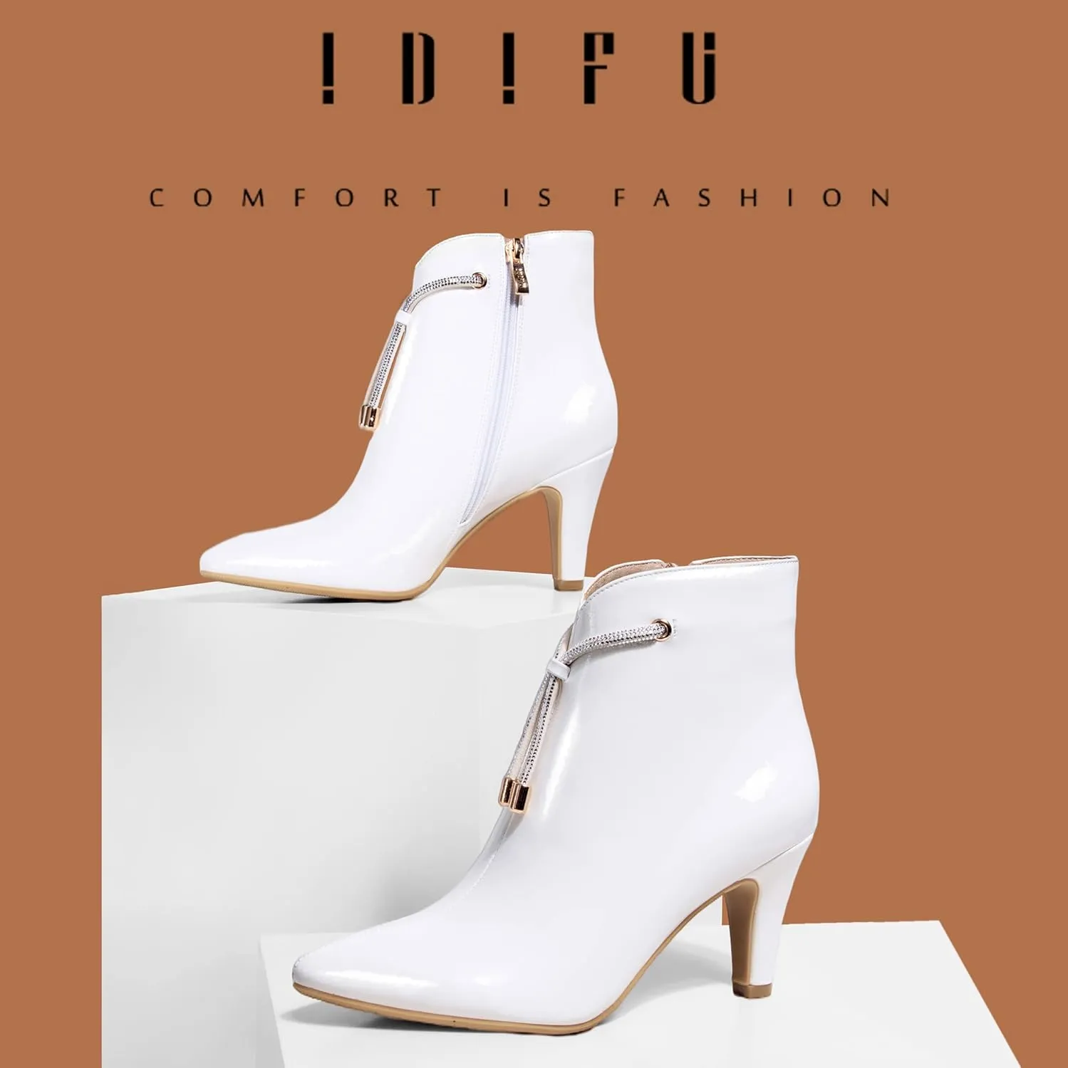 IDIFU Women's CLARA-Z Pointed Toe High Heel Ankle Booties Zipper Buckle Strap Short Boots